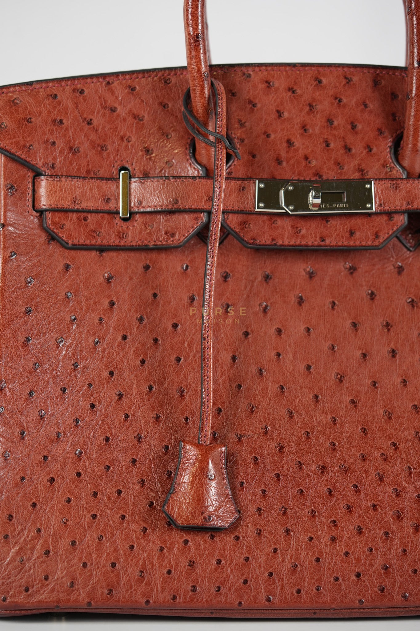 Birkin 35 Retourne Rouge in Ostrich Leather and Palladium Hardware Stamp Square D (2000) | Purse Maison Luxury Bags Shop