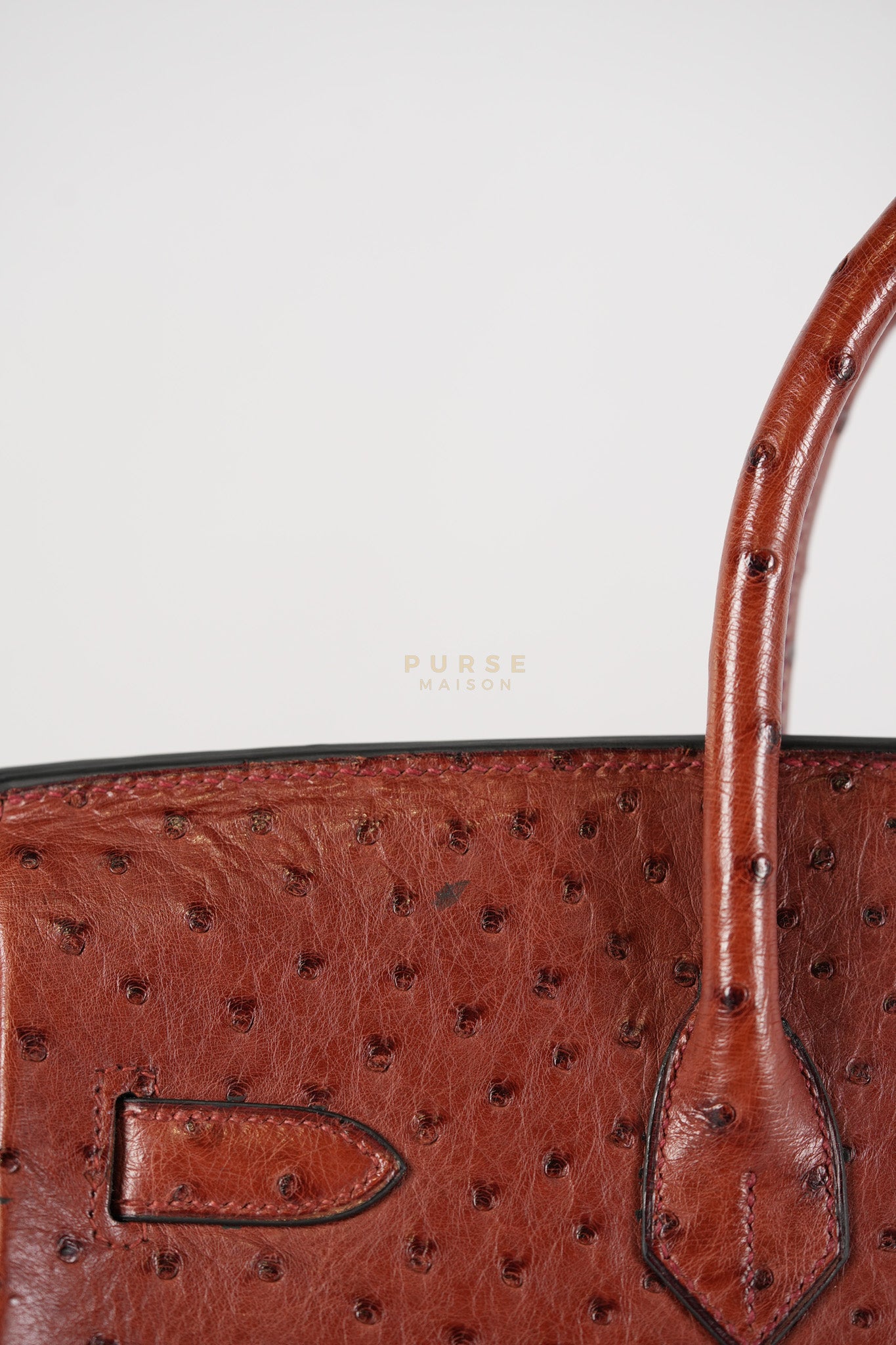 Birkin 35 Retourne Rouge in Ostrich Leather and Palladium Hardware Stamp Square D (2000) | Purse Maison Luxury Bags Shop