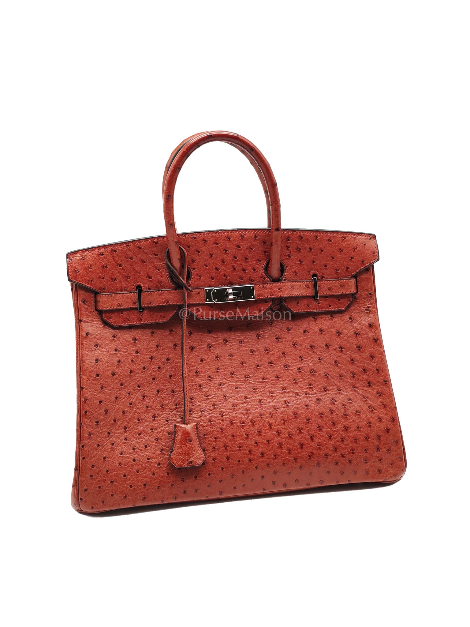 Birkin 35 Retourne Rouge in Ostrich Leather and Palladium Hardware Stamp Square D (2000) | Purse Maison Luxury Bags Shop