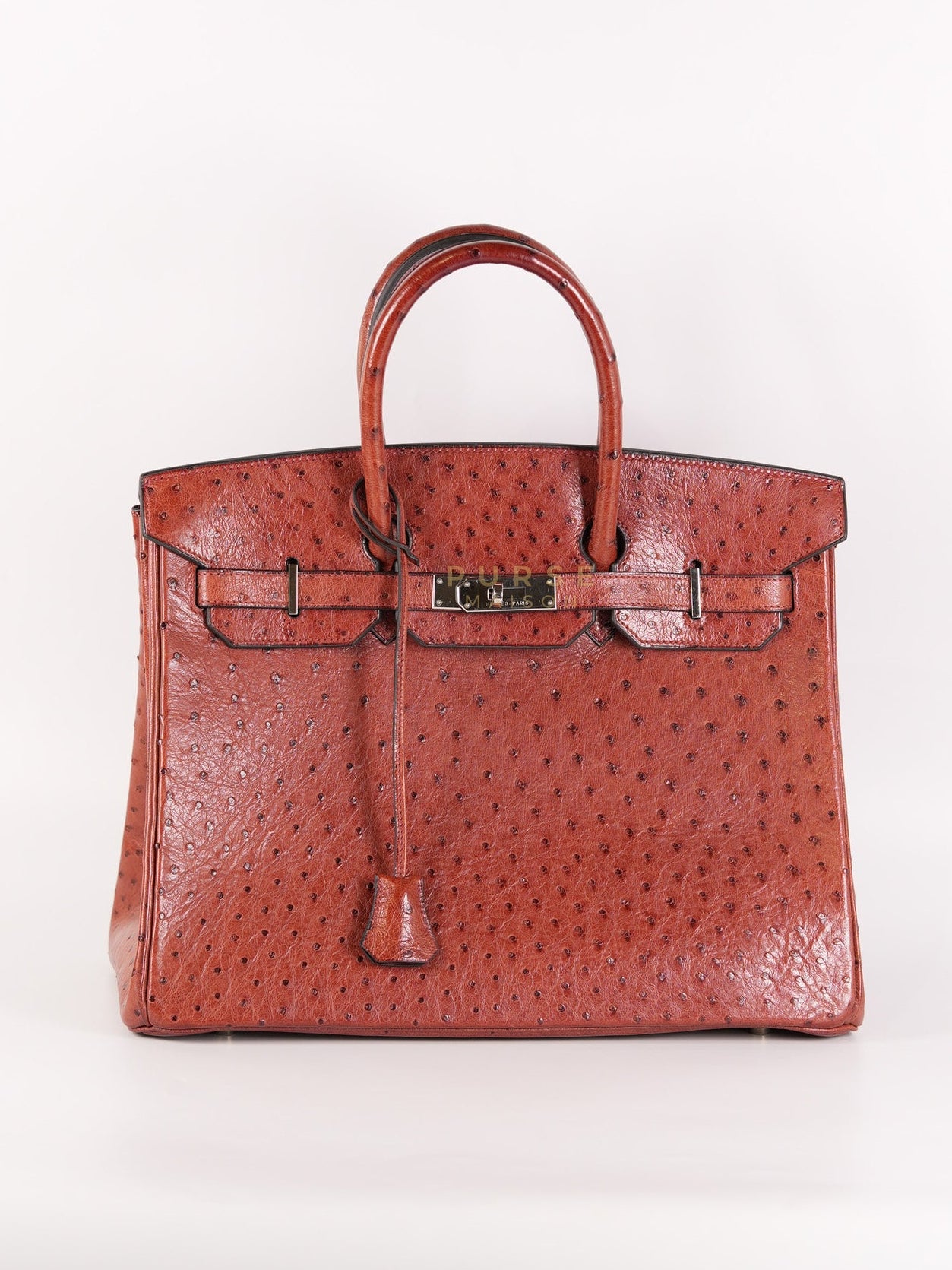 Birkin 35 Retourne Rouge in Ostrich Leather and Palladium Hardware Stamp Square D (2000) | Purse Maison Luxury Bags Shop