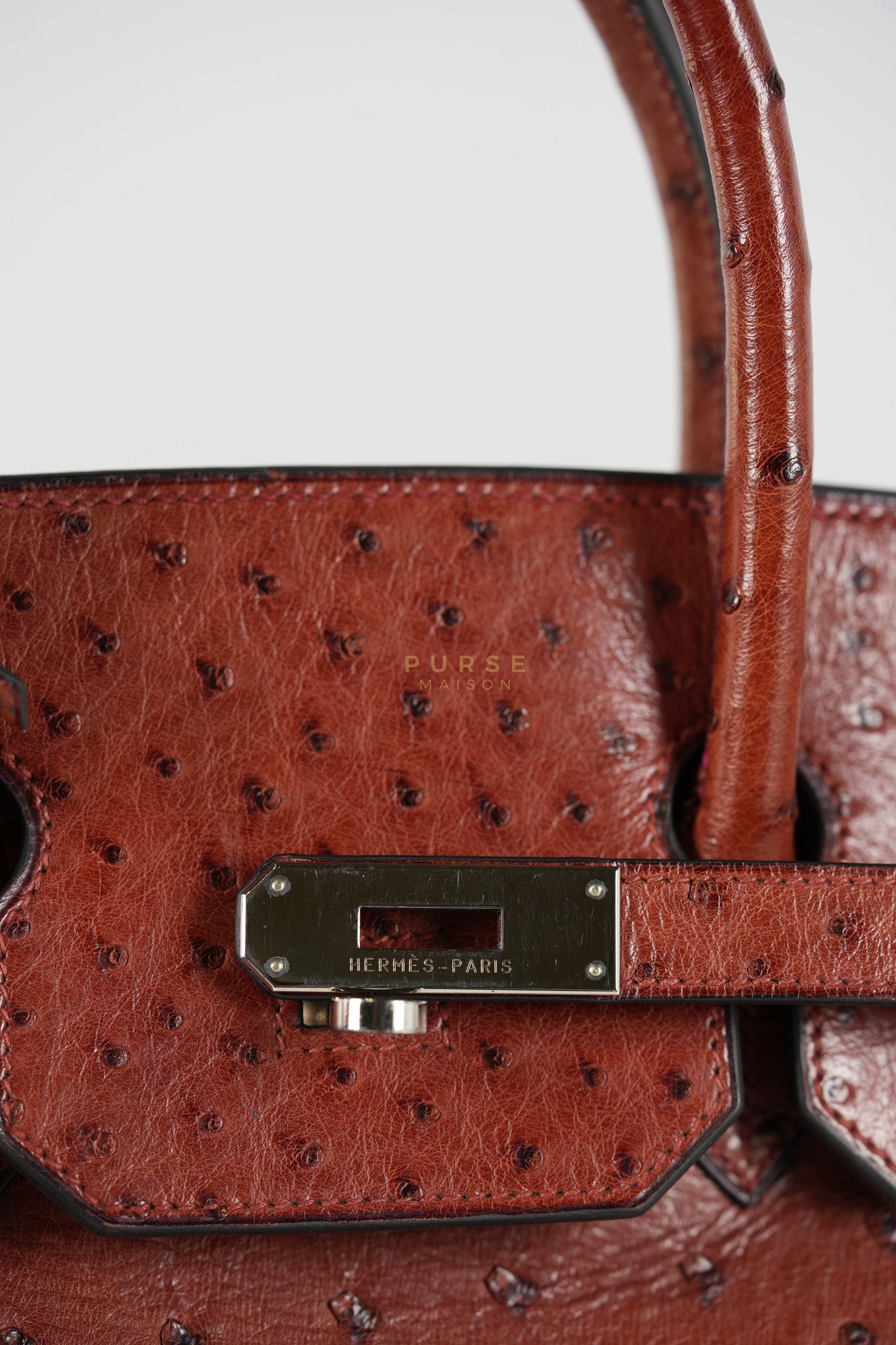 Birkin 35 Retourne Rouge in Ostrich Leather and Palladium Hardware Stamp Square D (2000) | Purse Maison Luxury Bags Shop