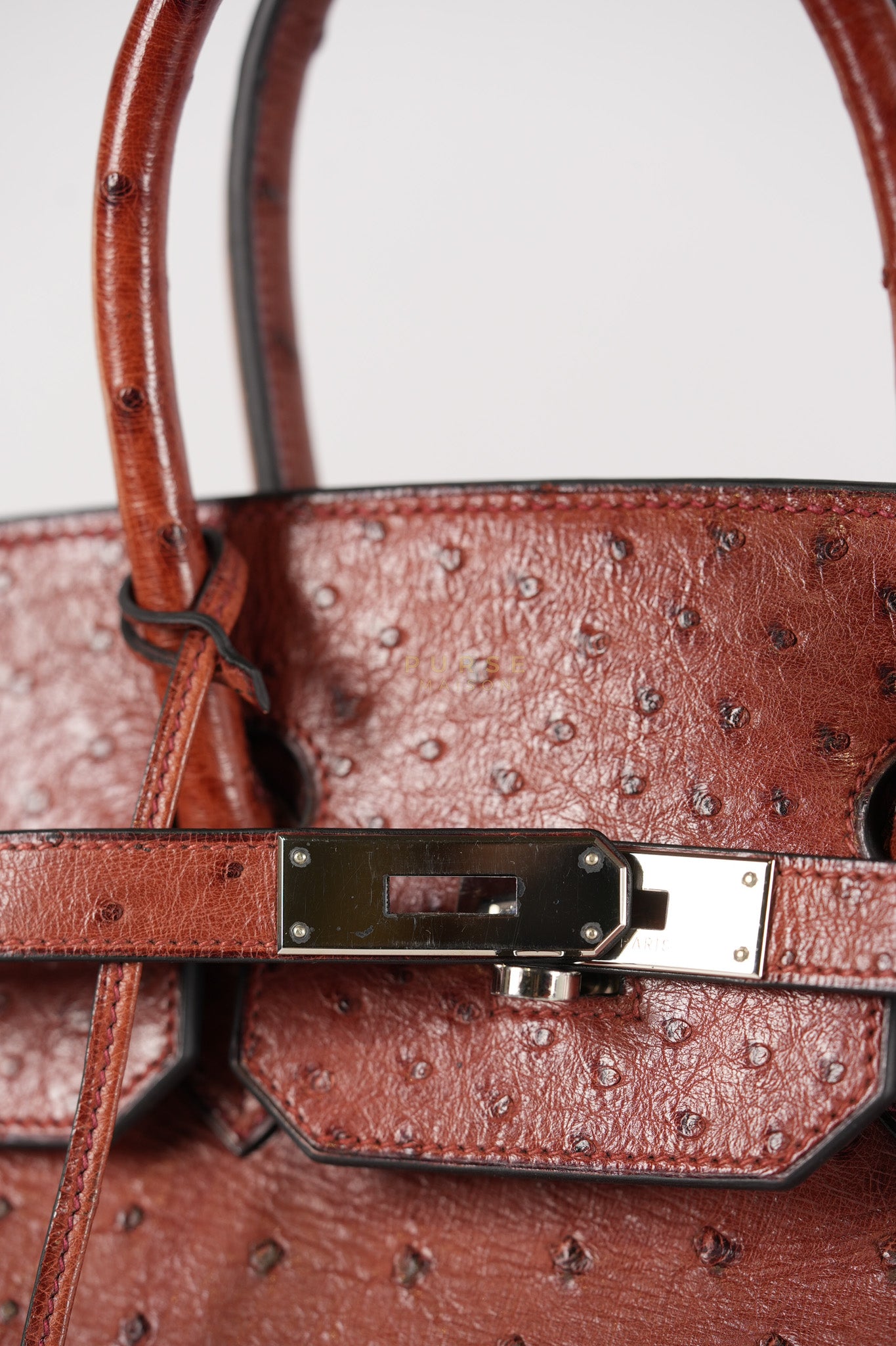 Birkin 35 Retourne Rouge in Ostrich Leather and Palladium Hardware Stamp Square D (2000) | Purse Maison Luxury Bags Shop