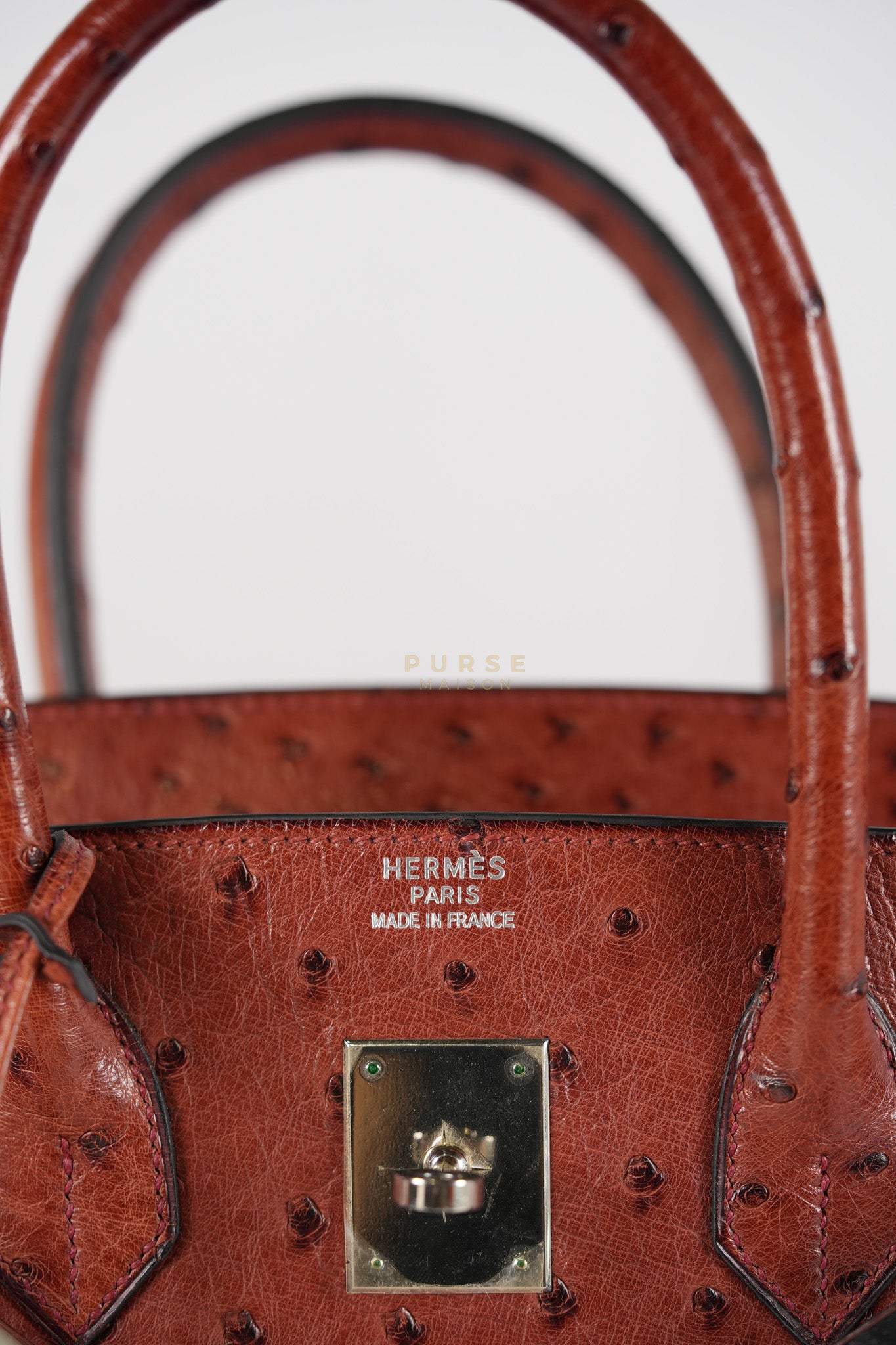 Birkin 35 Retourne Rouge in Ostrich Leather and Palladium Hardware Stamp Square D (2000) | Purse Maison Luxury Bags Shop