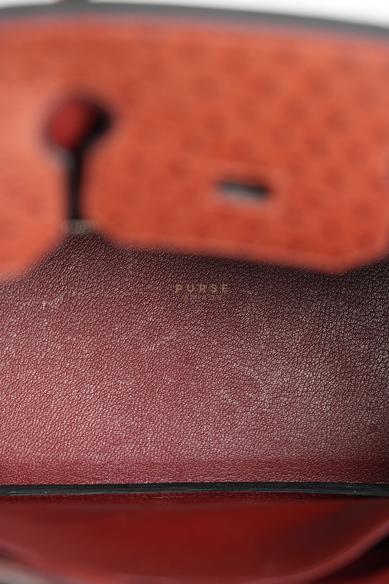 Birkin 35 Retourne Rouge in Ostrich Leather and Palladium Hardware Stamp Square D (2000) | Purse Maison Luxury Bags Shop