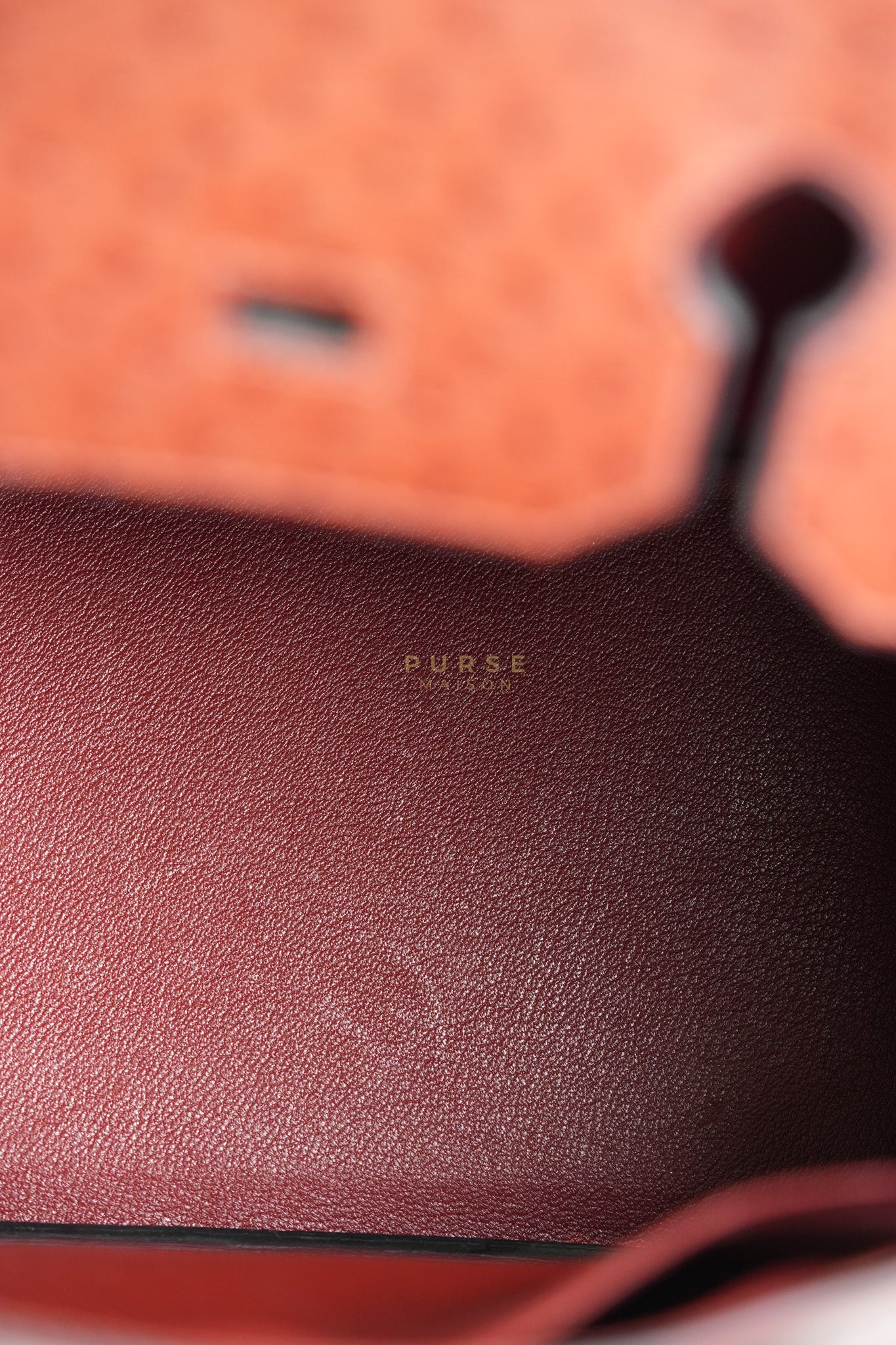 Birkin 35 Retourne Rouge in Ostrich Leather and Palladium Hardware Stamp Square D (2000) | Purse Maison Luxury Bags Shop