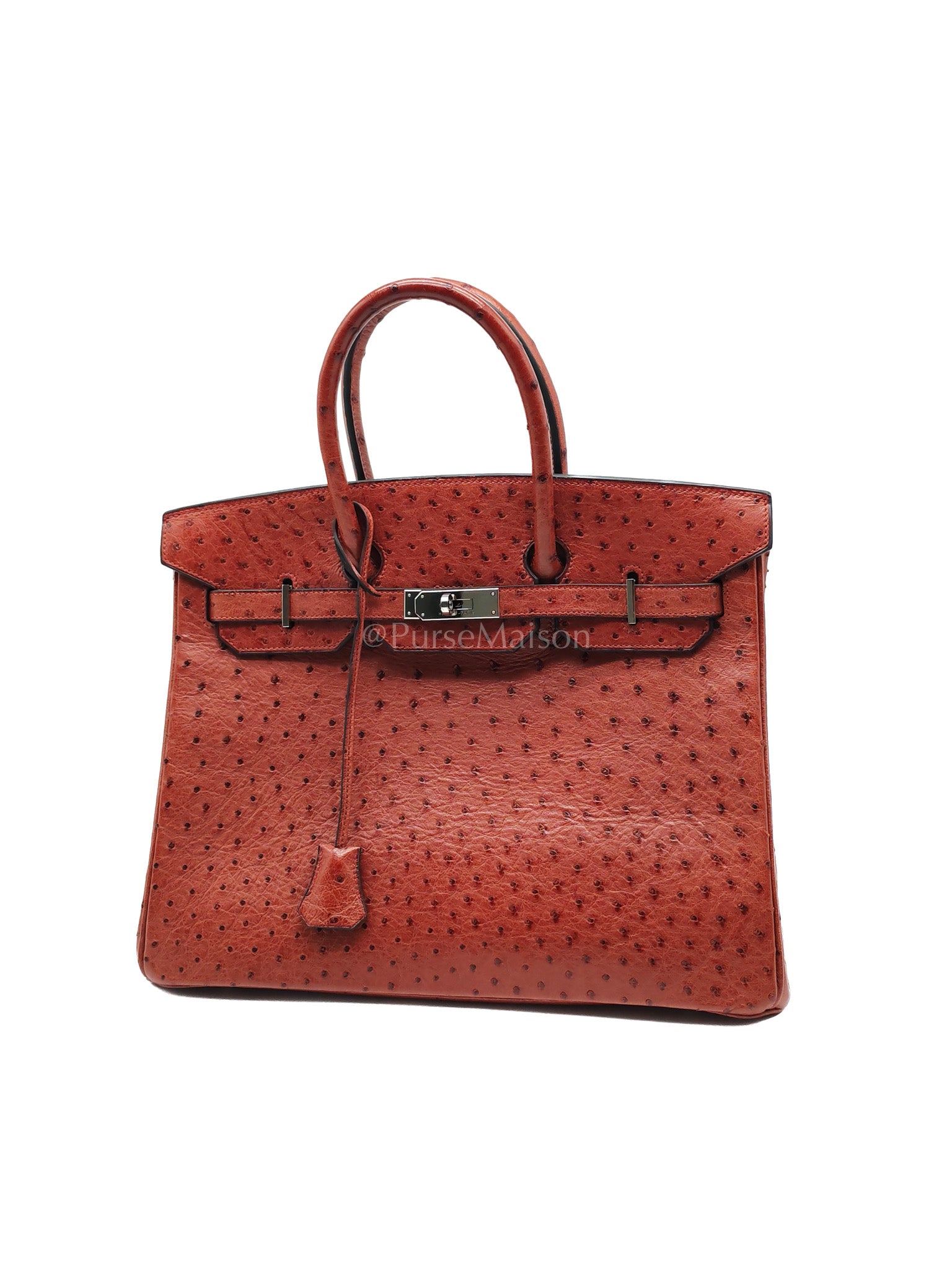 Birkin 35 Retourne Rouge in Ostrich Leather and Palladium Hardware Stamp Square D (2000) | Purse Maison Luxury Bags Shop