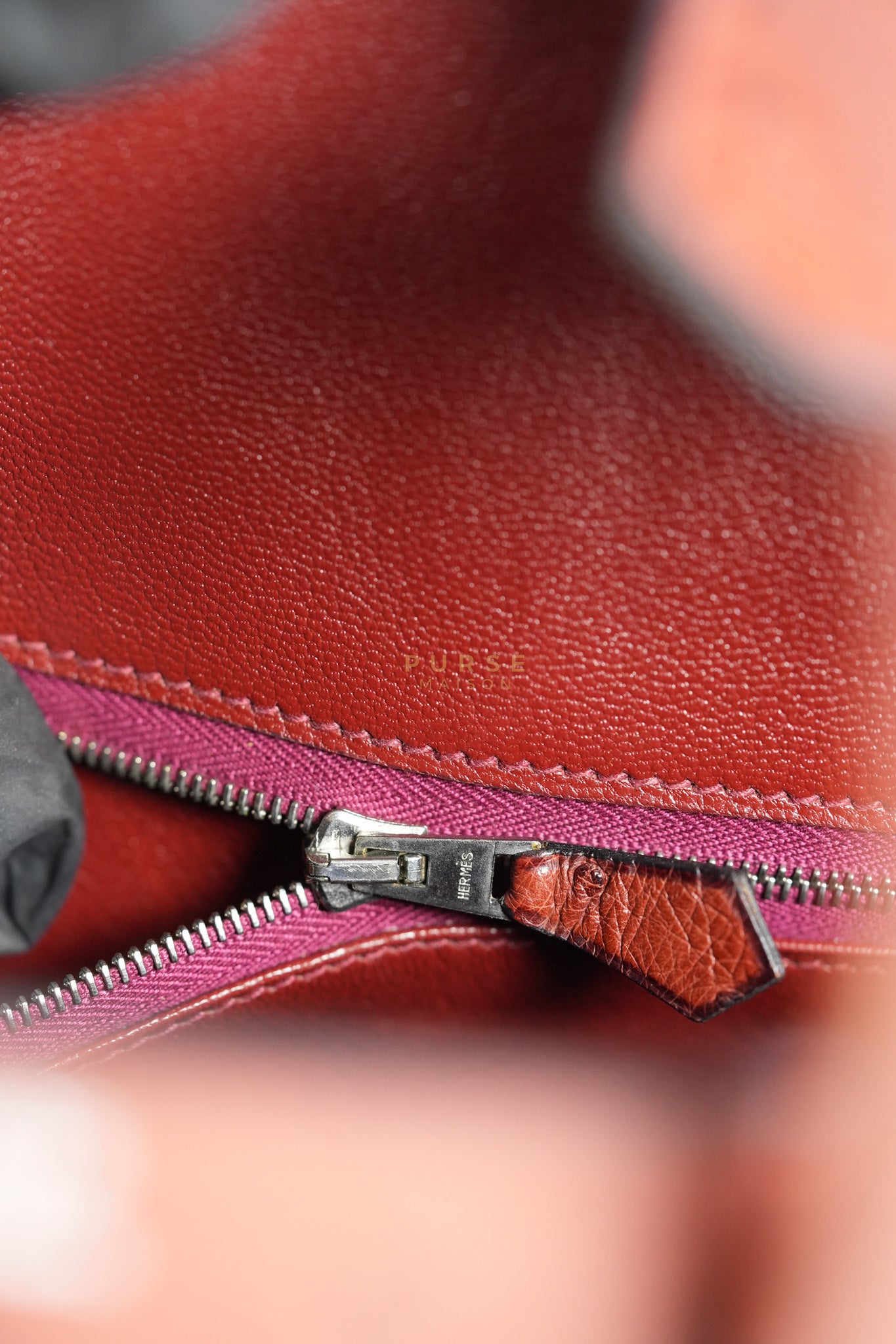 Birkin 35 Retourne Rouge in Ostrich Leather and Palladium Hardware Stamp Square D (2000) | Purse Maison Luxury Bags Shop