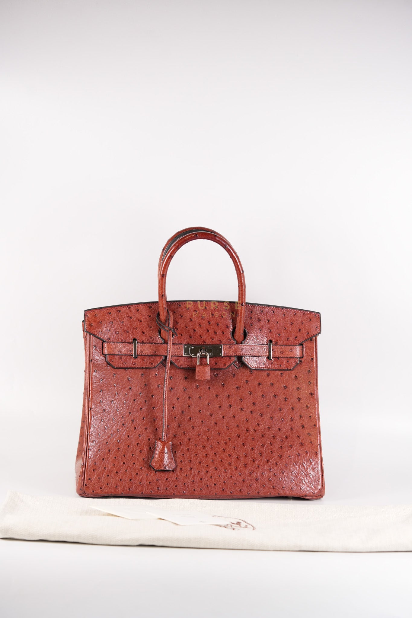 Birkin 35 Retourne Rouge in Ostrich Leather and Palladium Hardware Stamp Square D (2000) | Purse Maison Luxury Bags Shop