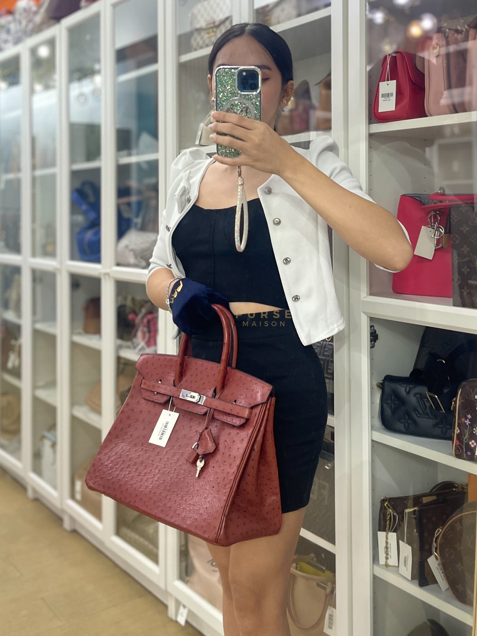 Birkin 35 Retourne Rouge in Ostrich Leather and Palladium Hardware Stamp Square D (2000) | Purse Maison Luxury Bags Shop