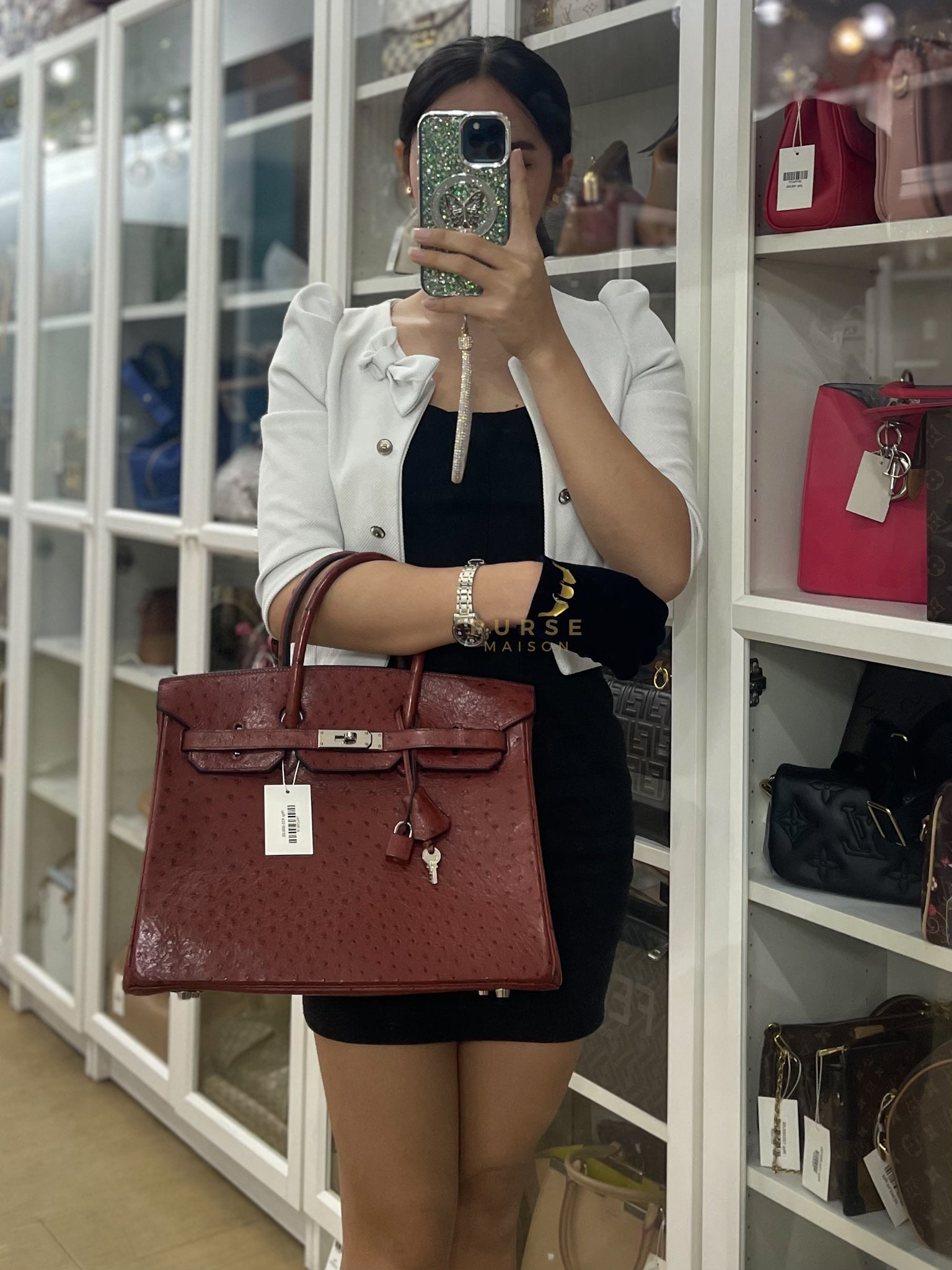 Birkin 35 Retourne Rouge in Ostrich Leather and Palladium Hardware Stamp Square D (2000) | Purse Maison Luxury Bags Shop