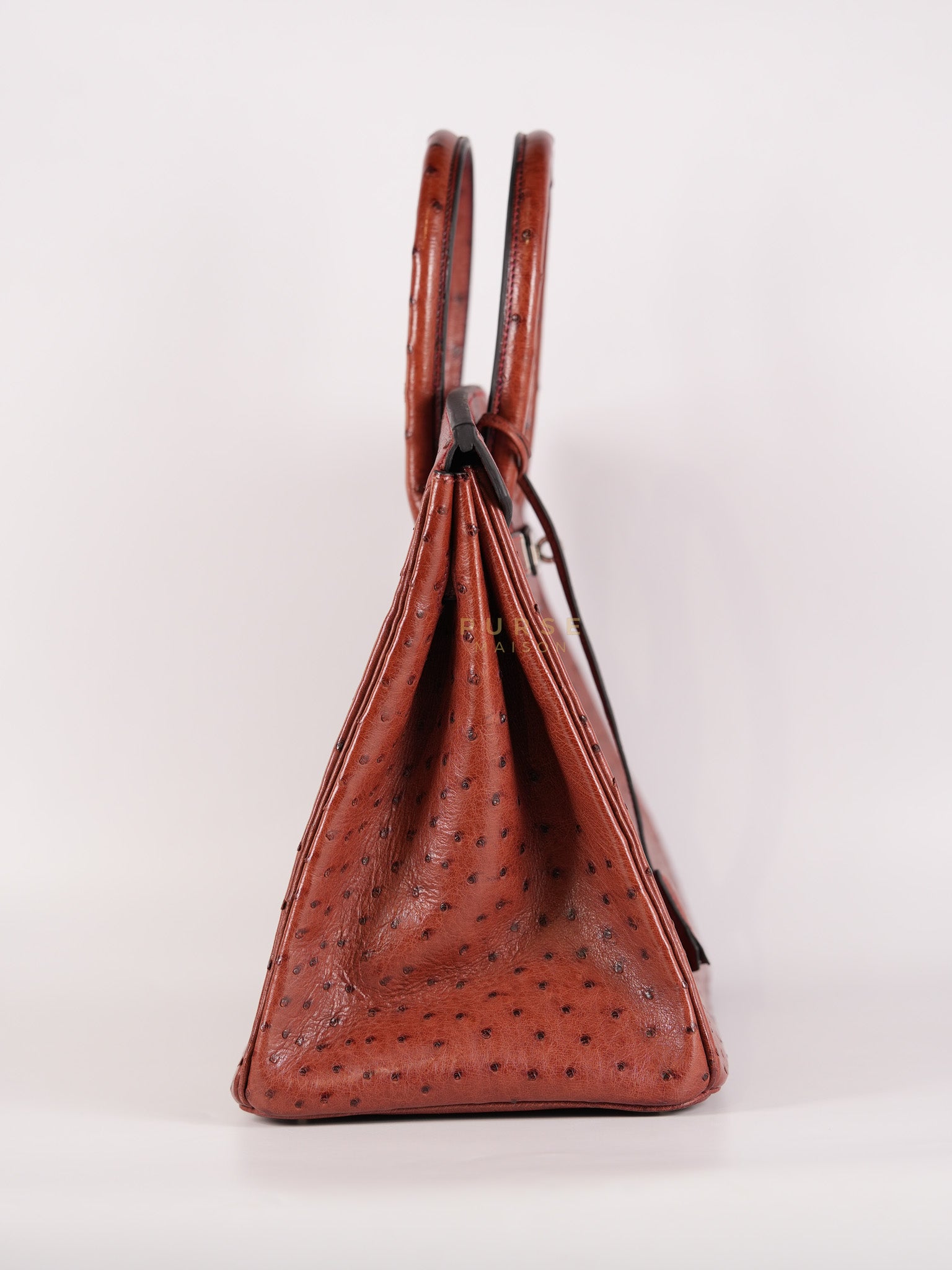 Birkin 35 Retourne Rouge in Ostrich Leather and Palladium Hardware Stamp Square D (2000) | Purse Maison Luxury Bags Shop