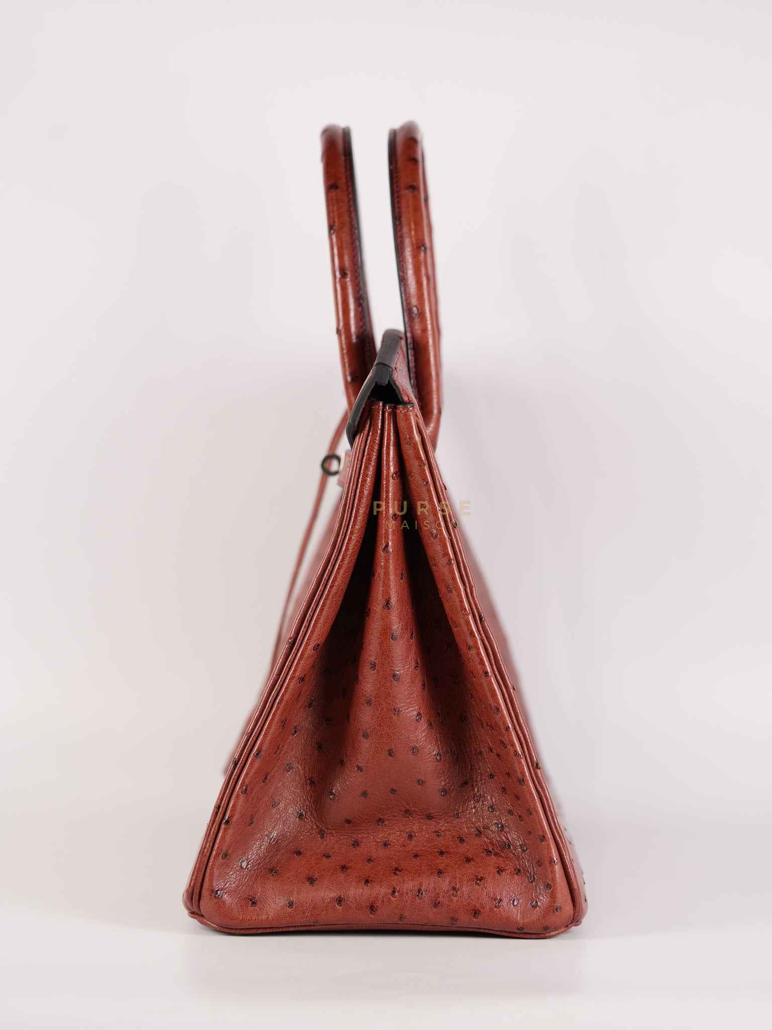 Birkin 35 Retourne Rouge in Ostrich Leather and Palladium Hardware Stamp Square D (2000) | Purse Maison Luxury Bags Shop