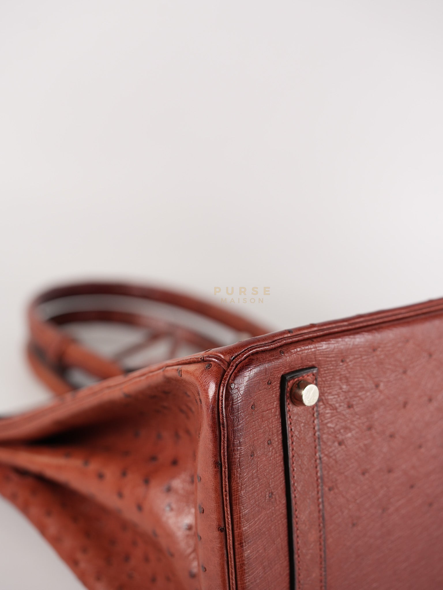 Birkin 35 Retourne Rouge in Ostrich Leather and Palladium Hardware Stamp Square D (2000) | Purse Maison Luxury Bags Shop