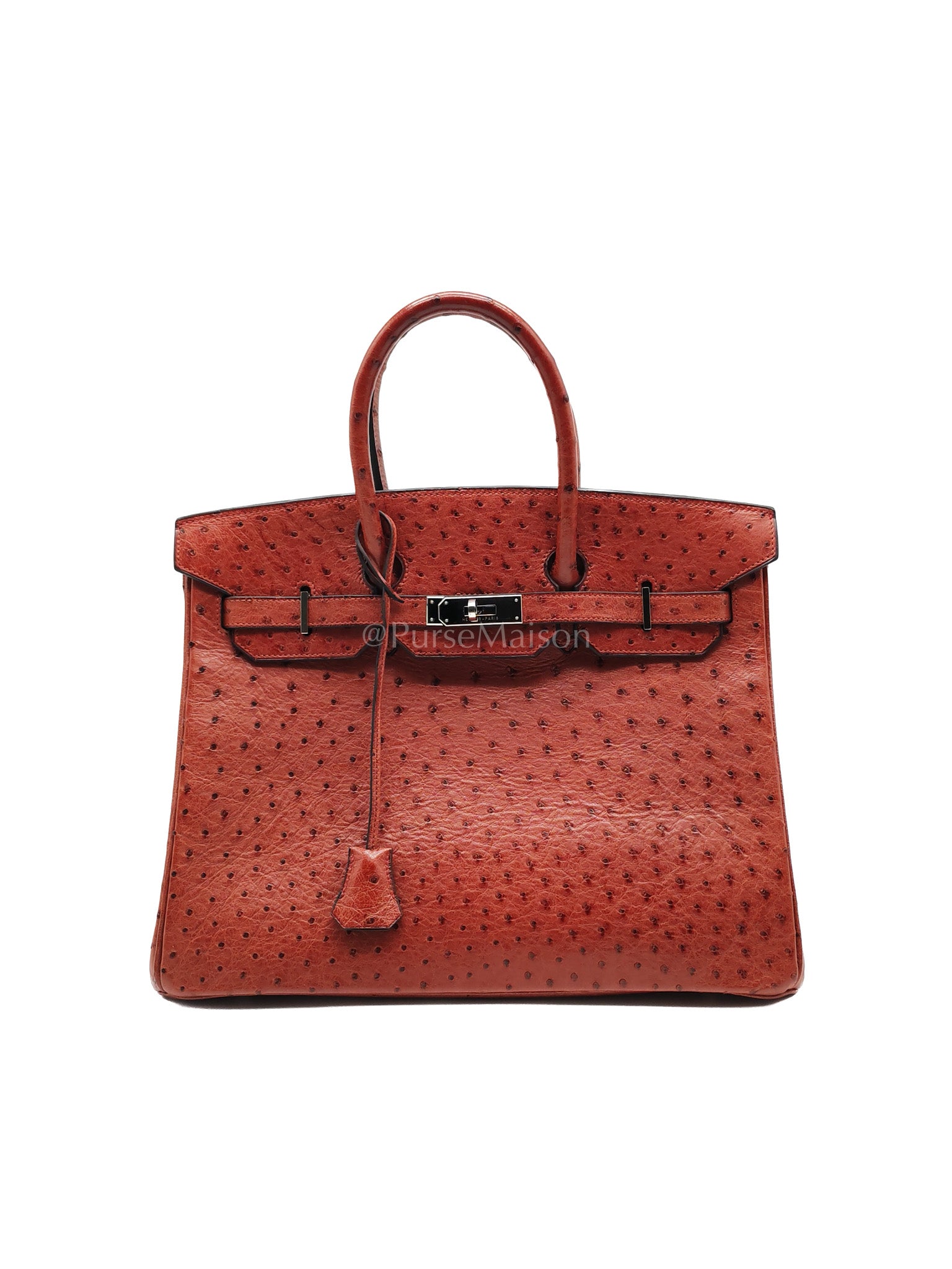 Birkin 35 Retourne Rouge in Ostrich Leather and Palladium Hardware Stamp Square D (2000) | Purse Maison Luxury Bags Shop