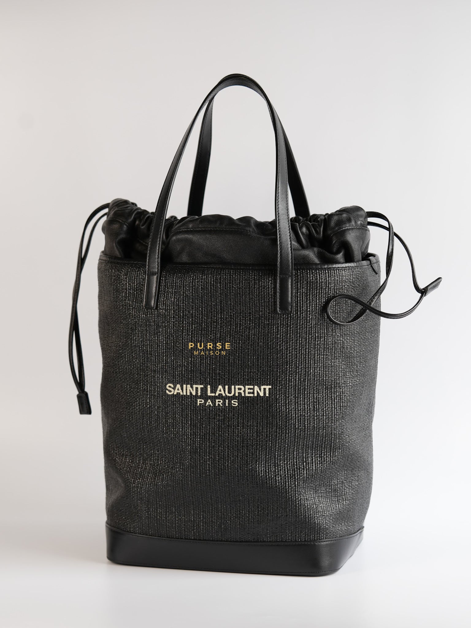 Black Raffia and Leather Teddy Drawstring Tote Bag | Purse Maison Luxury Bags Shop