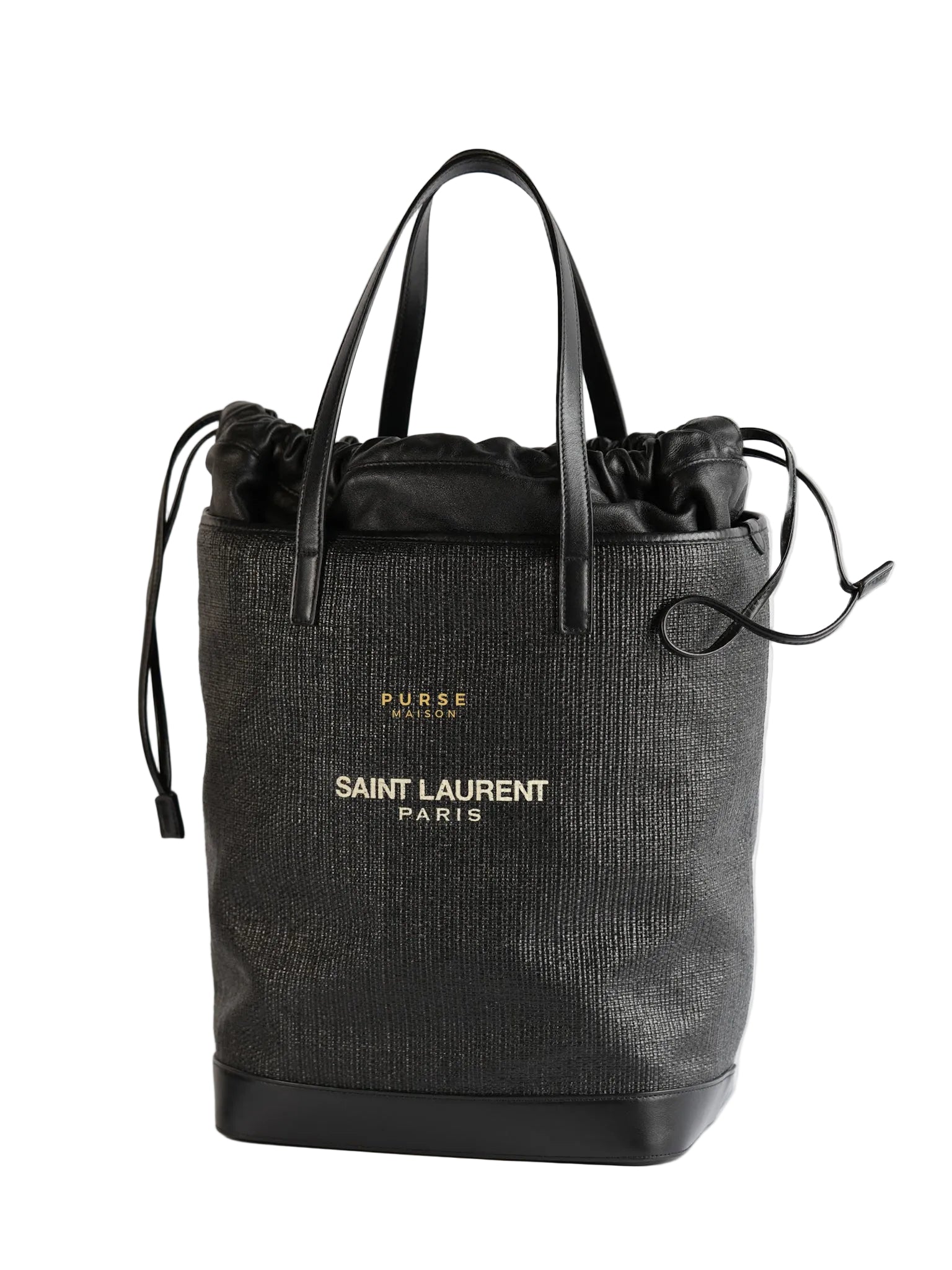 Black Raffia and Leather Teddy Drawstring Tote Bag | Purse Maison Luxury Bags Shop