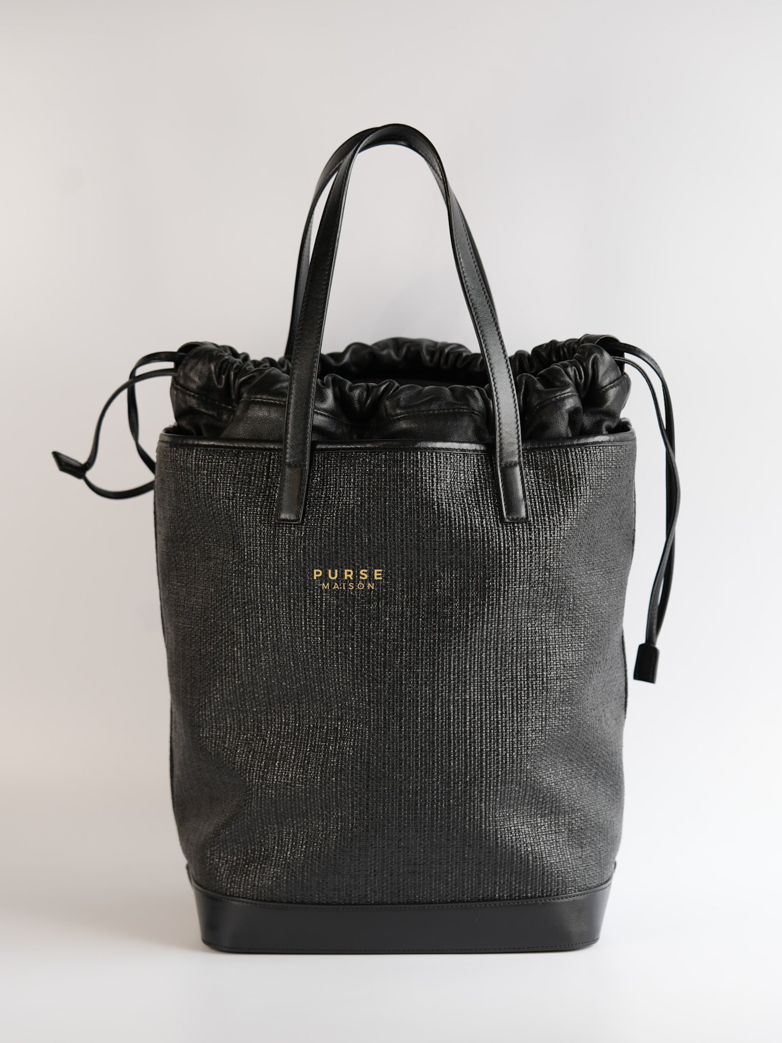 Black Raffia and Leather Teddy Drawstring Tote Bag | Purse Maison Luxury Bags Shop