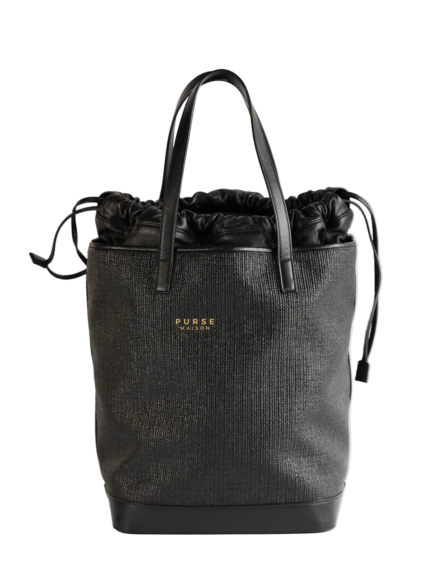 Black Raffia and Leather Teddy Drawstring Tote Bag | Purse Maison Luxury Bags Shop