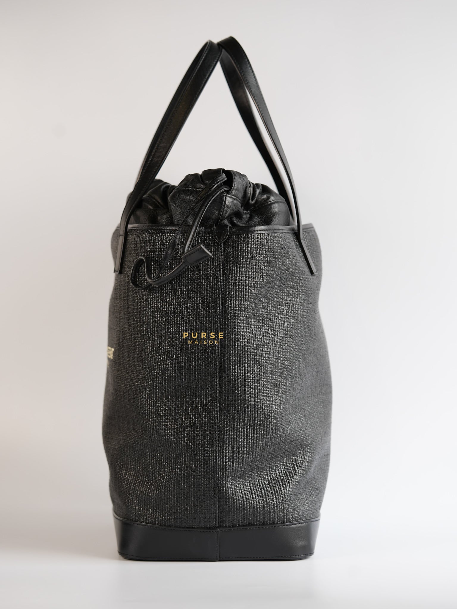 Black Raffia and Leather Teddy Drawstring Tote Bag | Purse Maison Luxury Bags Shop