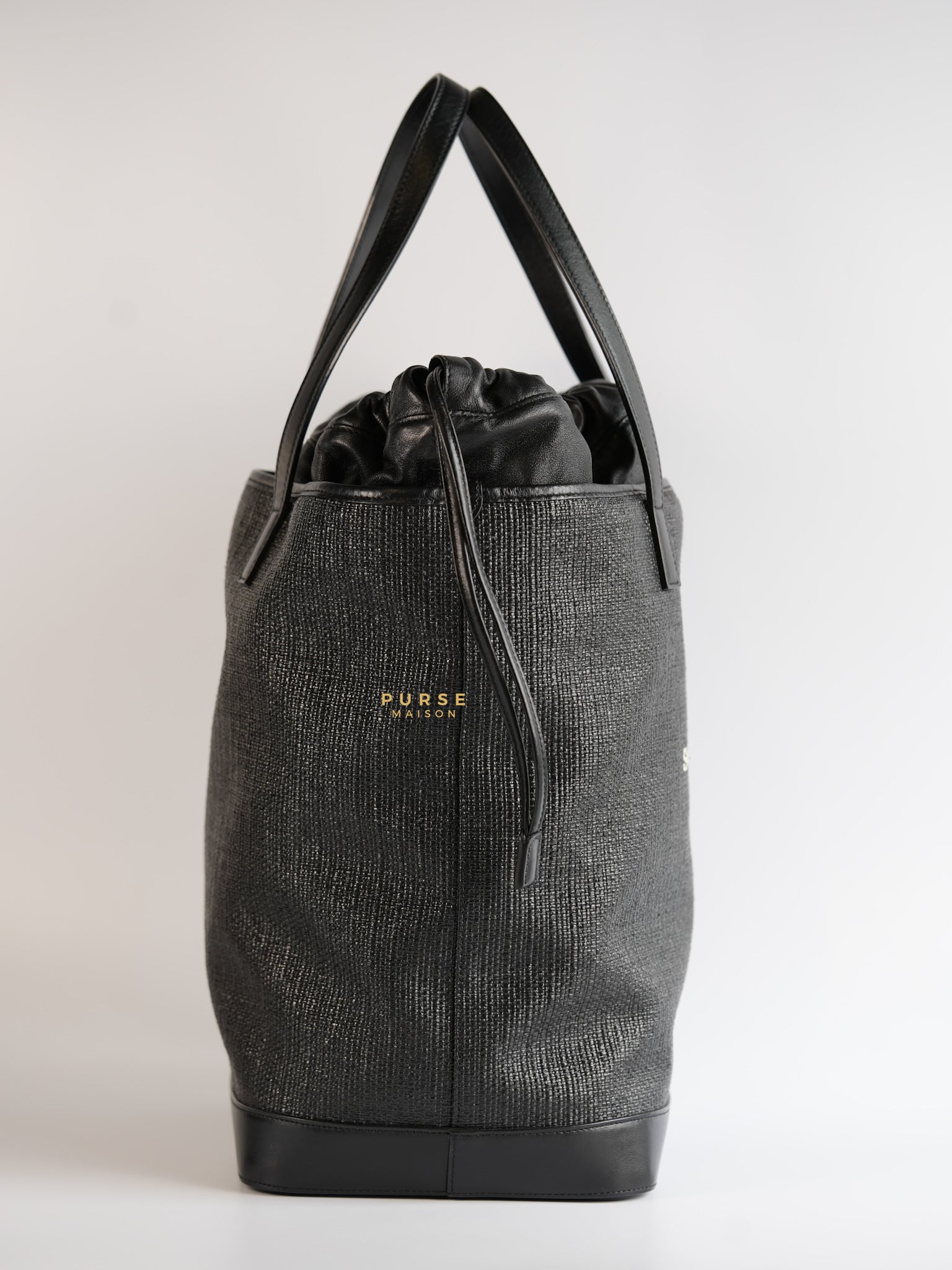 Black Raffia and Leather Teddy Drawstring Tote Bag | Purse Maison Luxury Bags Shop