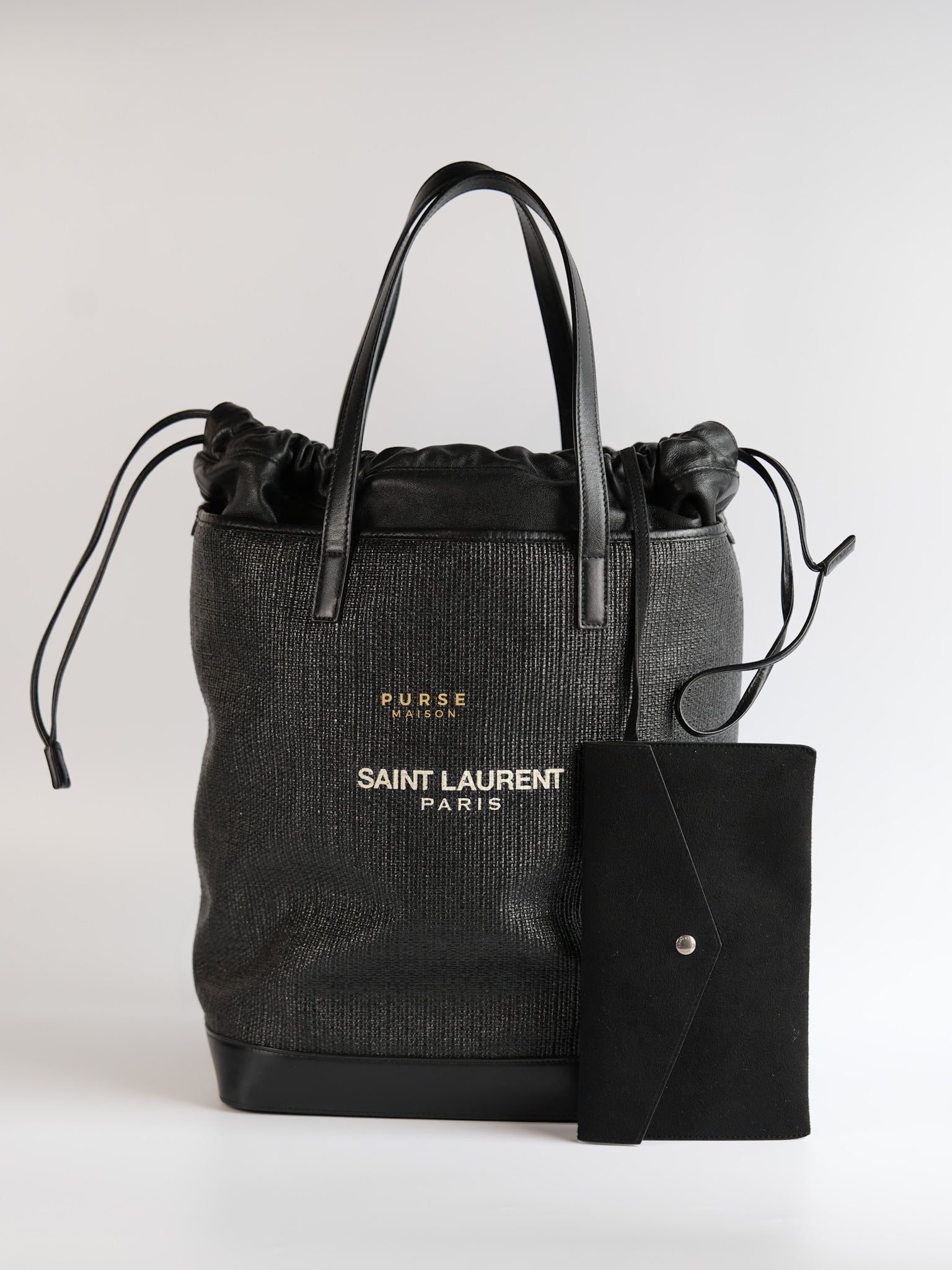 Black Raffia and Leather Teddy Drawstring Tote Bag | Purse Maison Luxury Bags Shop