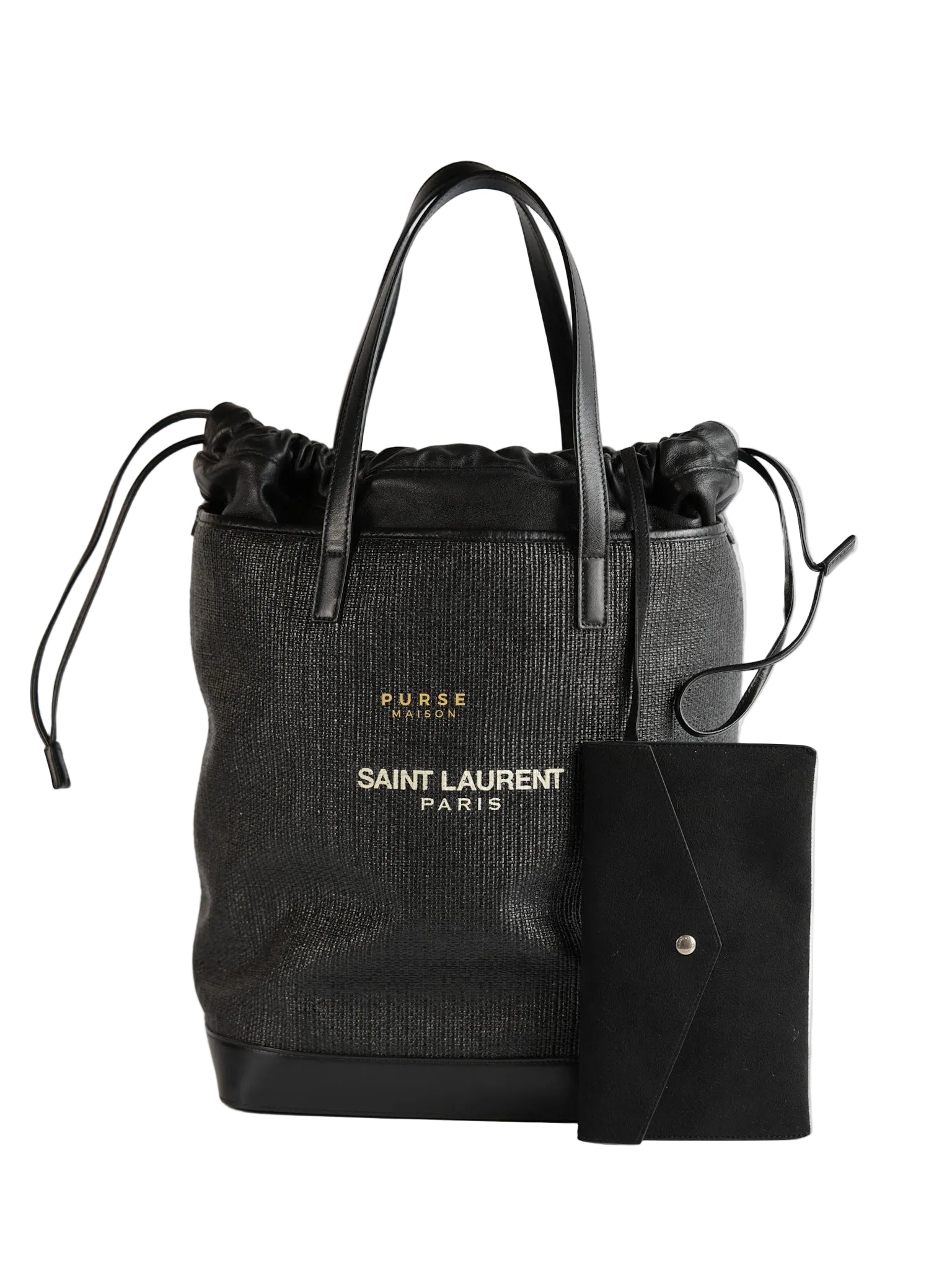 Black Raffia and Leather Teddy Drawstring Tote Bag | Purse Maison Luxury Bags Shop