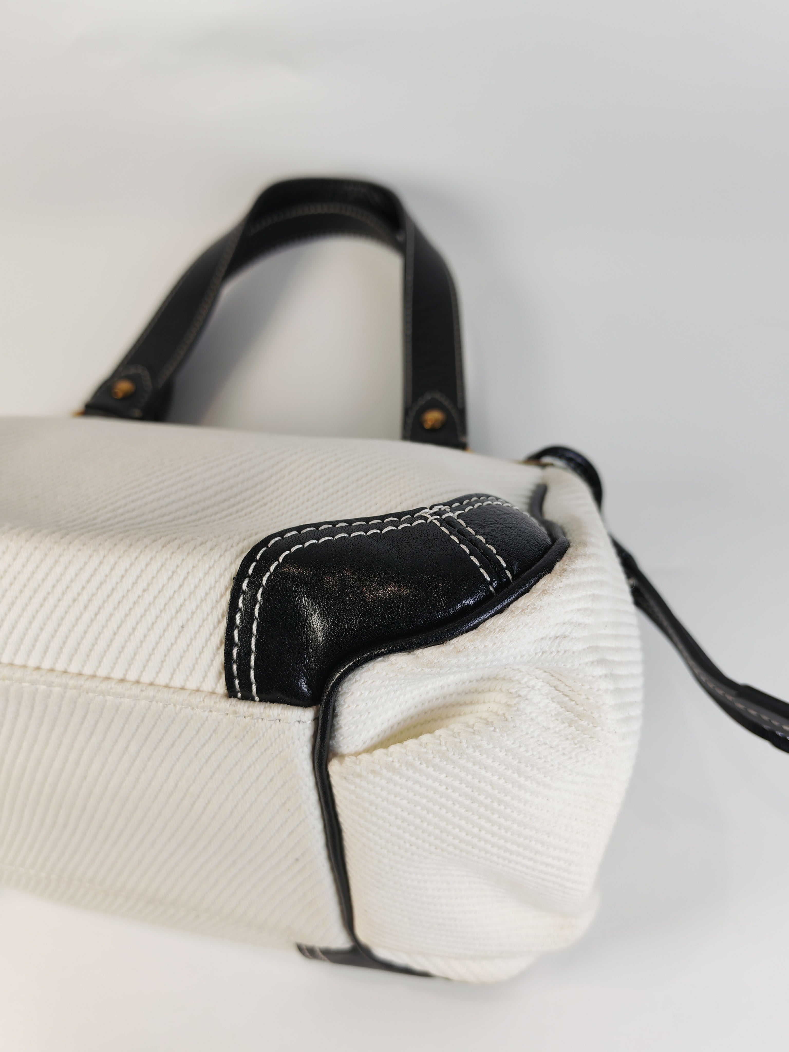 Blue Label Tote Bag in White Canvas with Black Leather Trim | Purse Maison Luxury Bags Shop