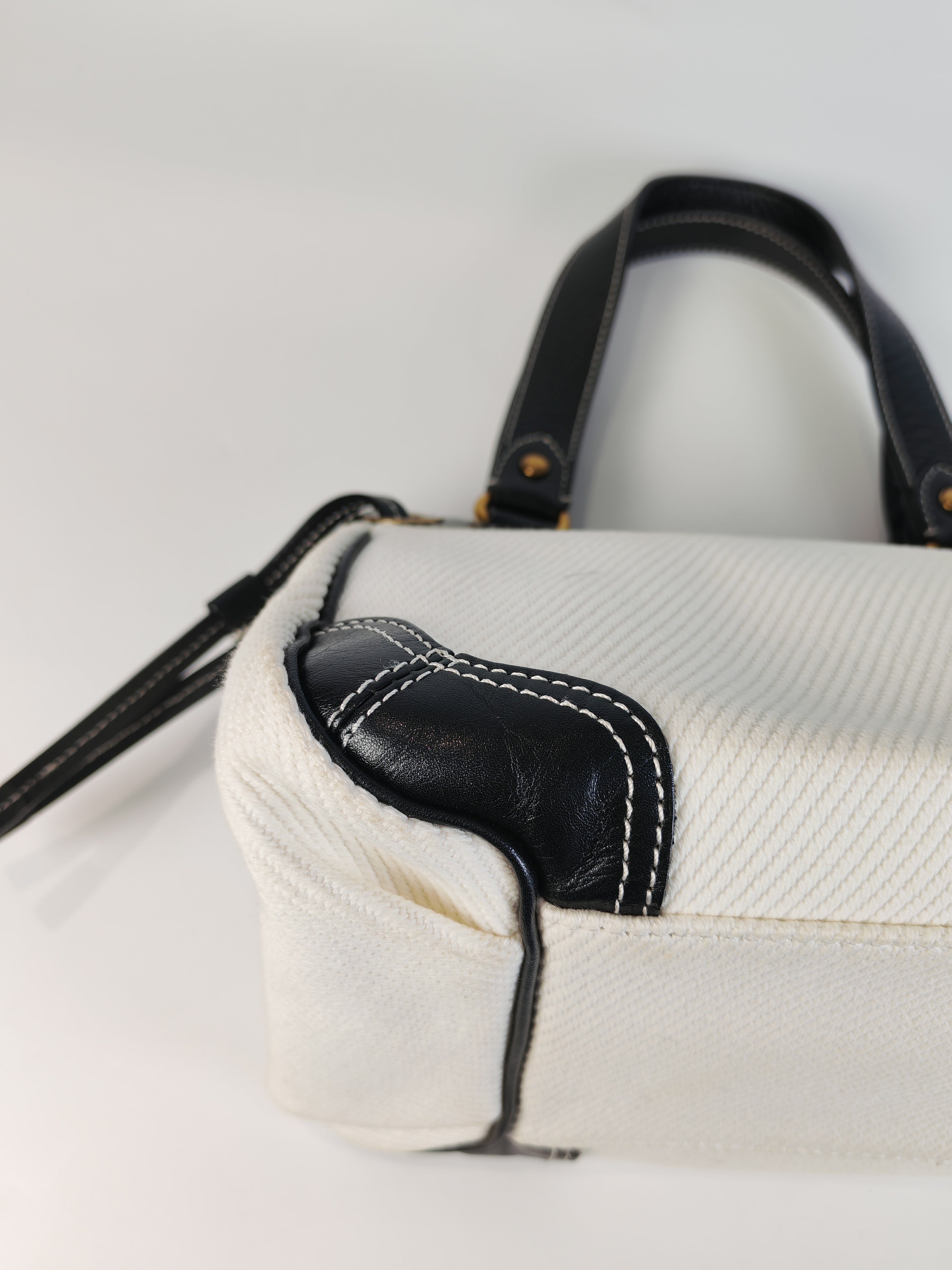 Blue Label Tote Bag in White Canvas with Black Leather Trim | Purse Maison Luxury Bags Shop