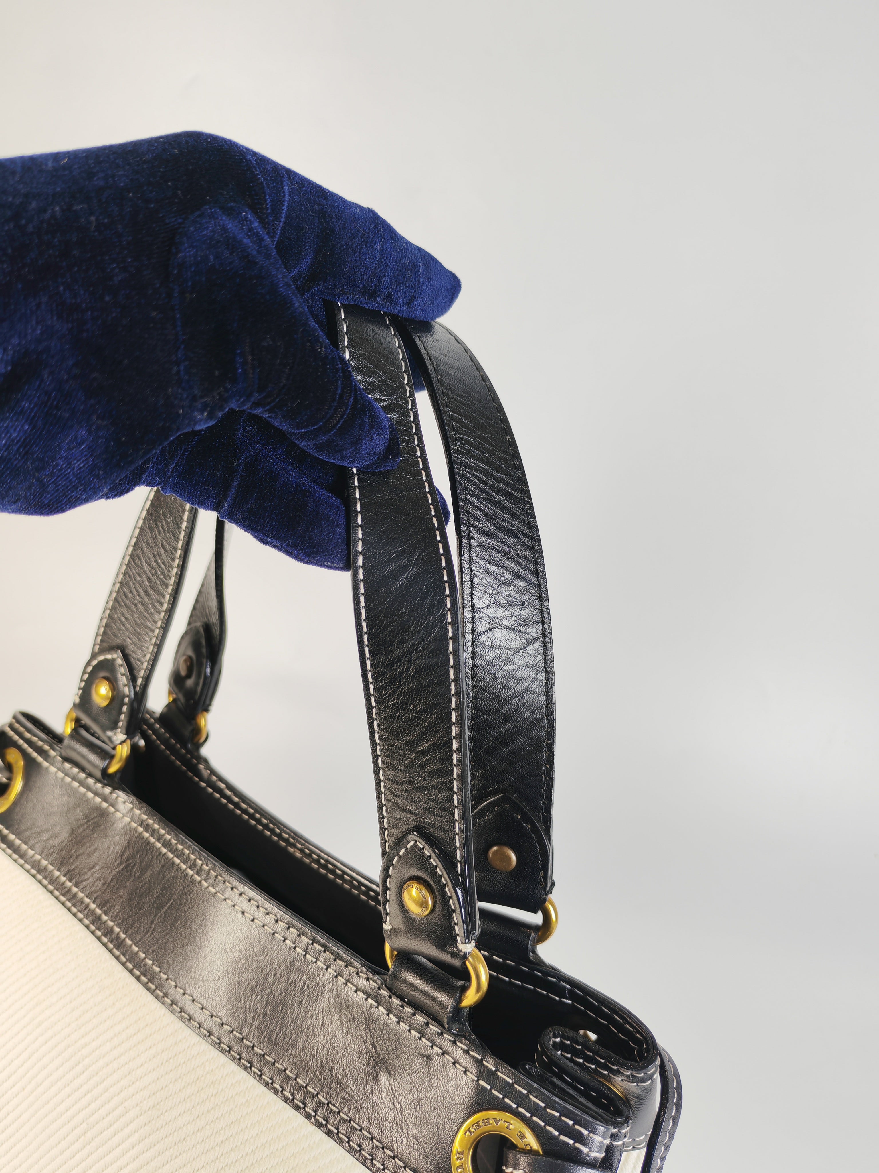 Blue Label Tote Bag in White Canvas with Black Leather Trim | Purse Maison Luxury Bags Shop