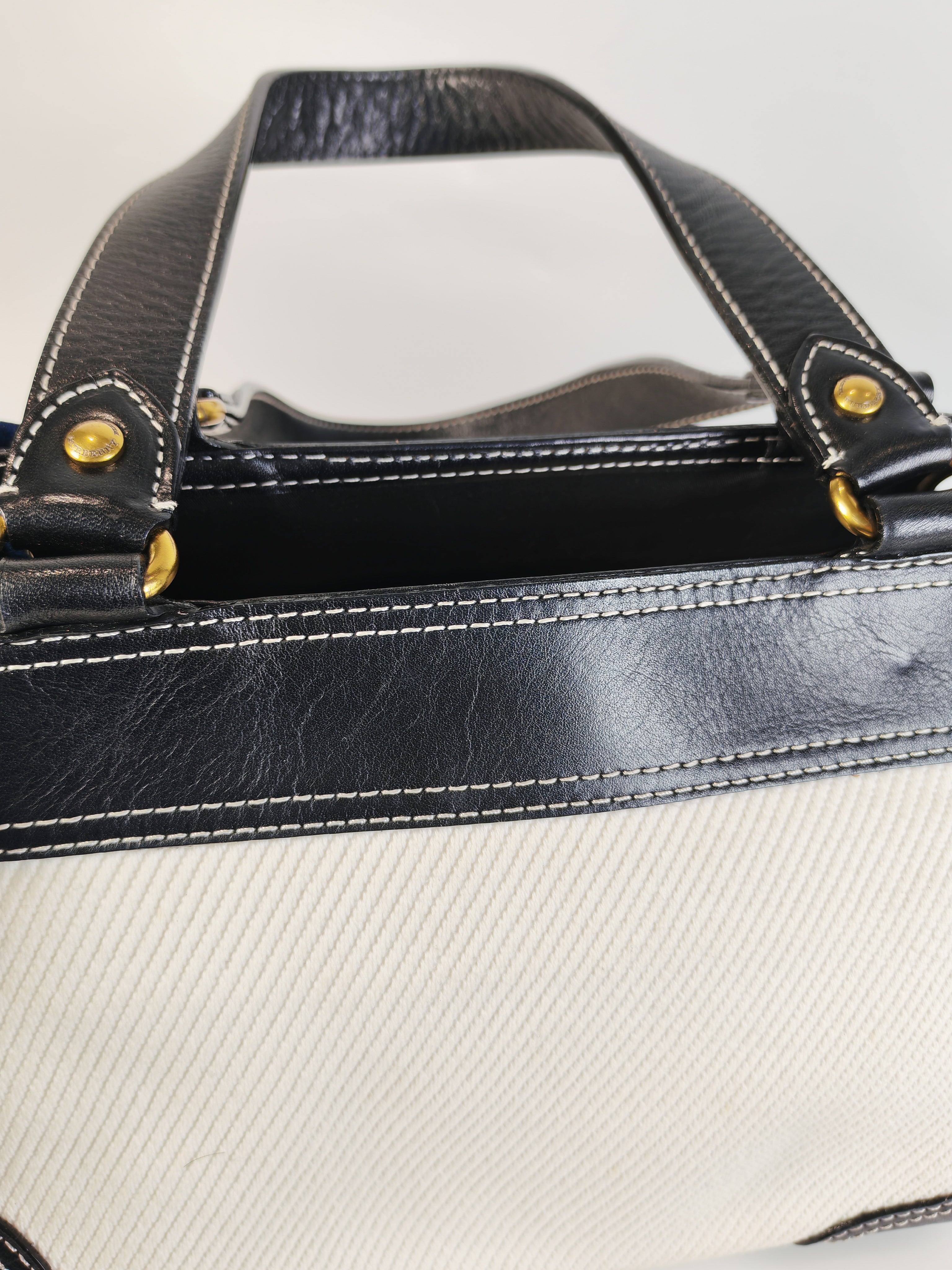 Blue Label Tote Bag in White Canvas with Black Leather Trim | Purse Maison Luxury Bags Shop