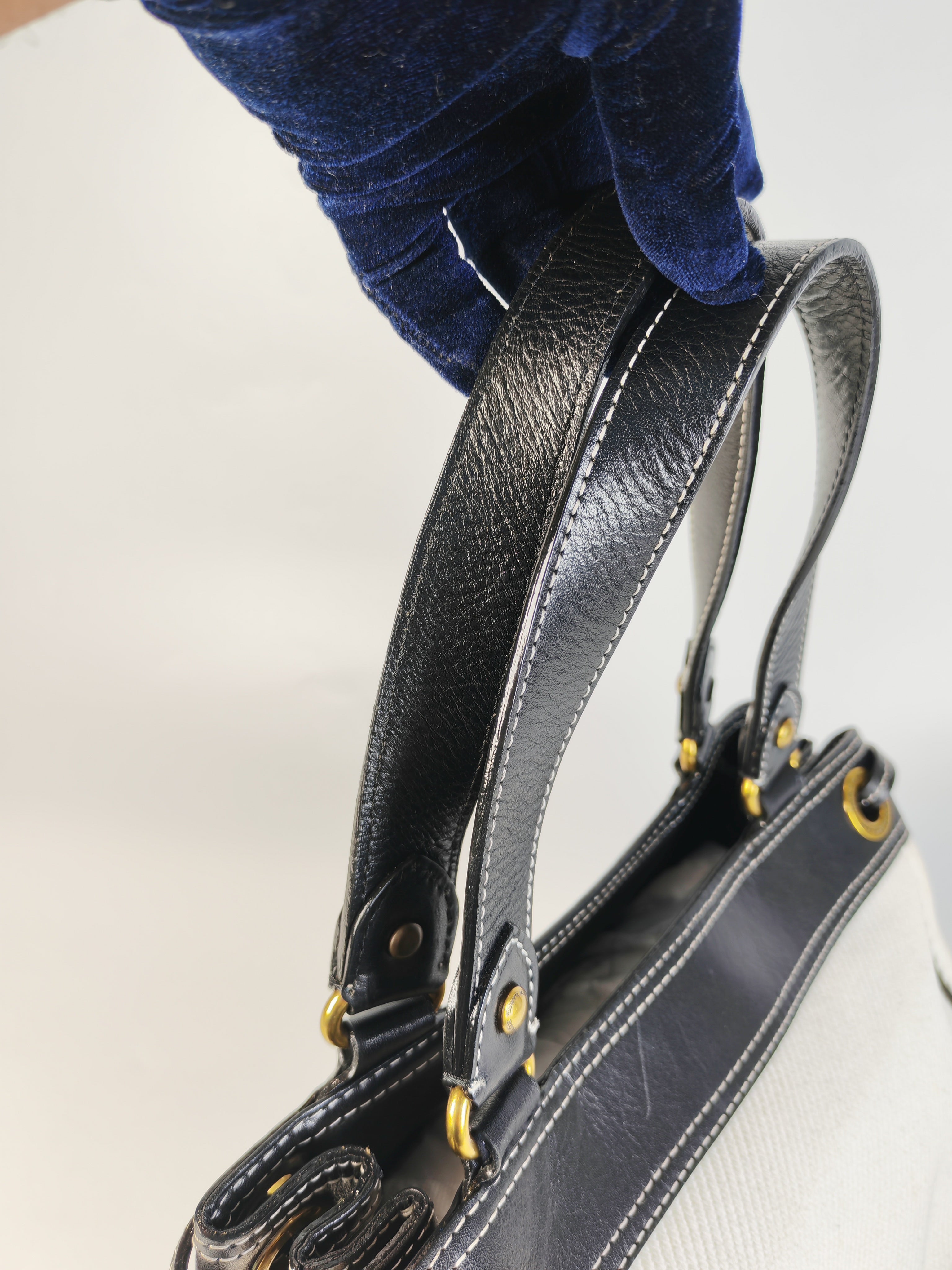 Blue Label Tote Bag in White Canvas with Black Leather Trim | Purse Maison Luxury Bags Shop