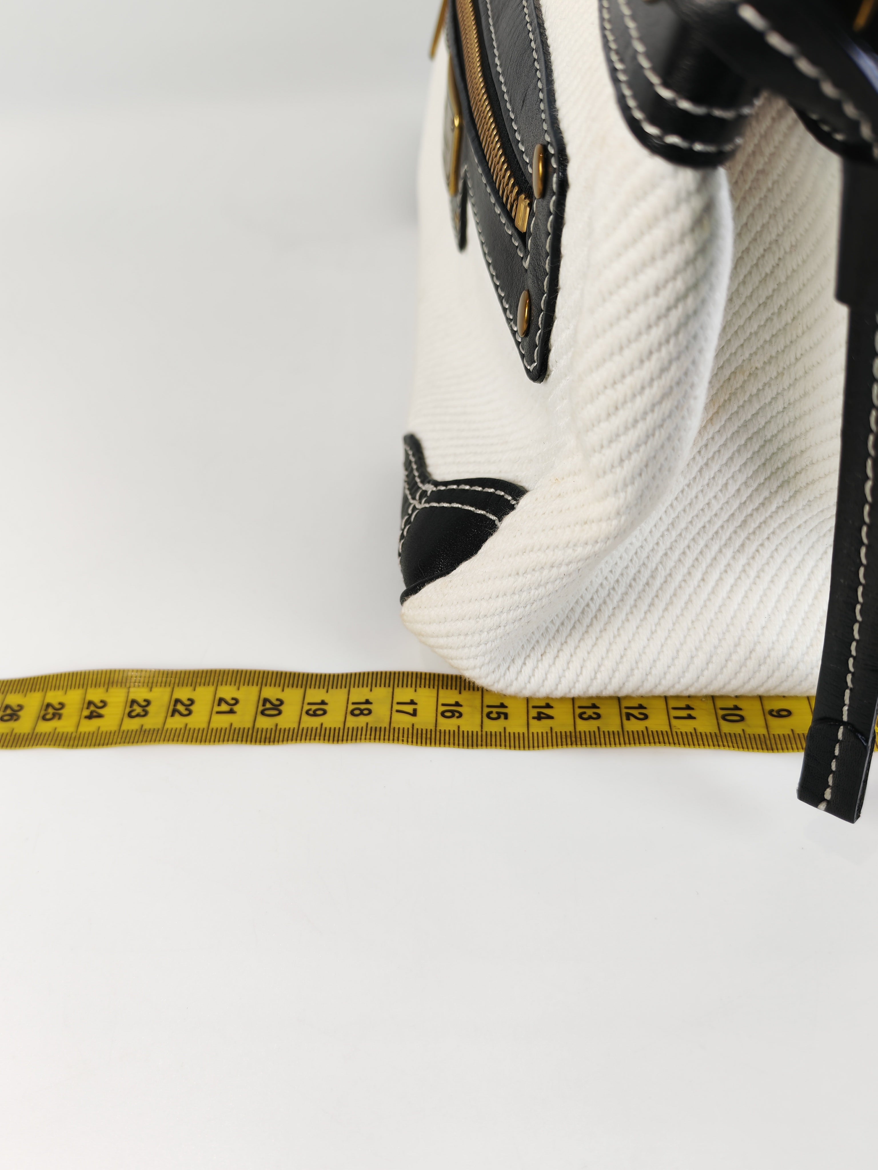 Blue Label Tote Bag in White Canvas with Black Leather Trim | Purse Maison Luxury Bags Shop