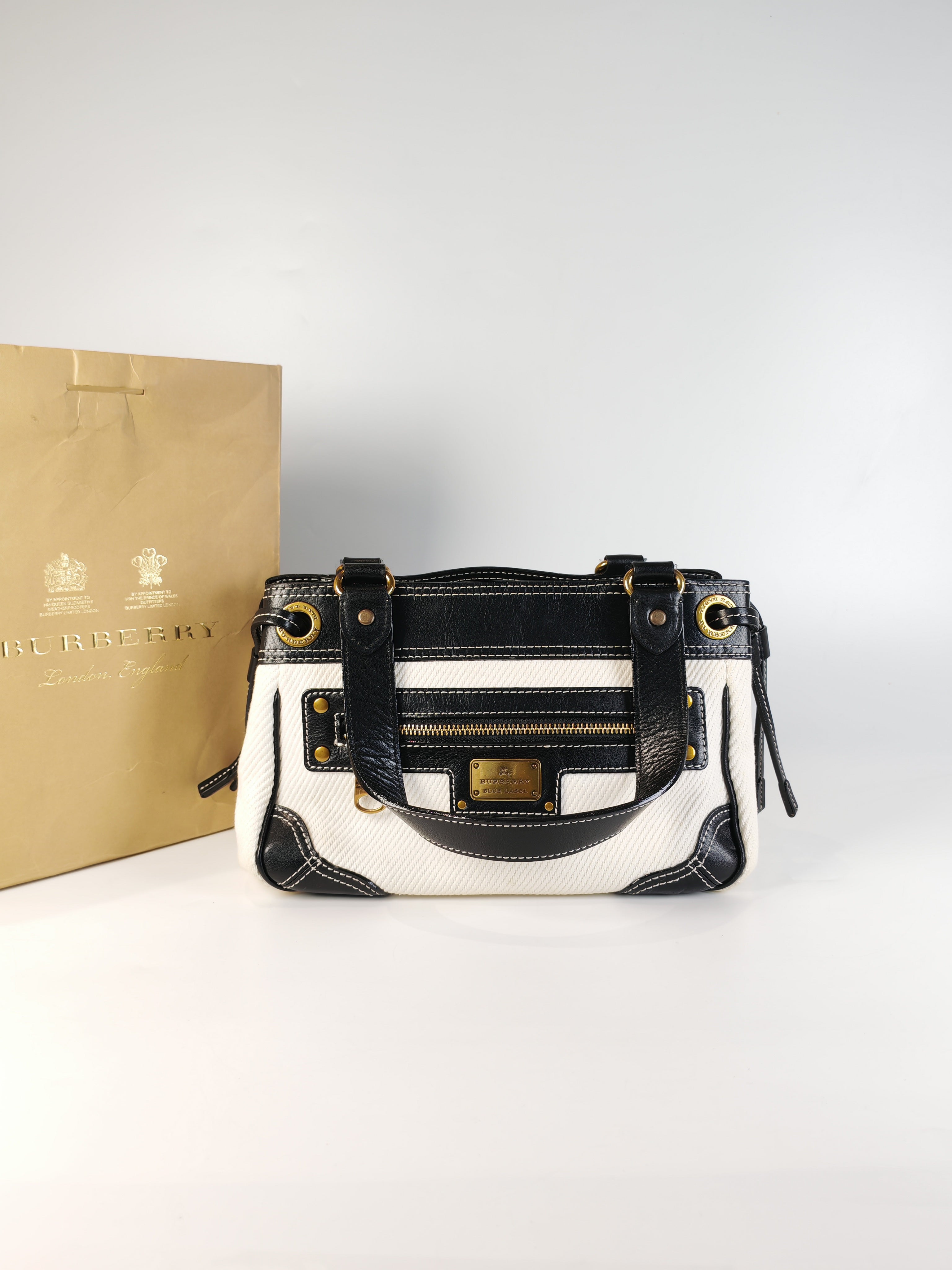 Blue Label Tote Bag in White Canvas with Black Leather Trim | Purse Maison Luxury Bags Shop