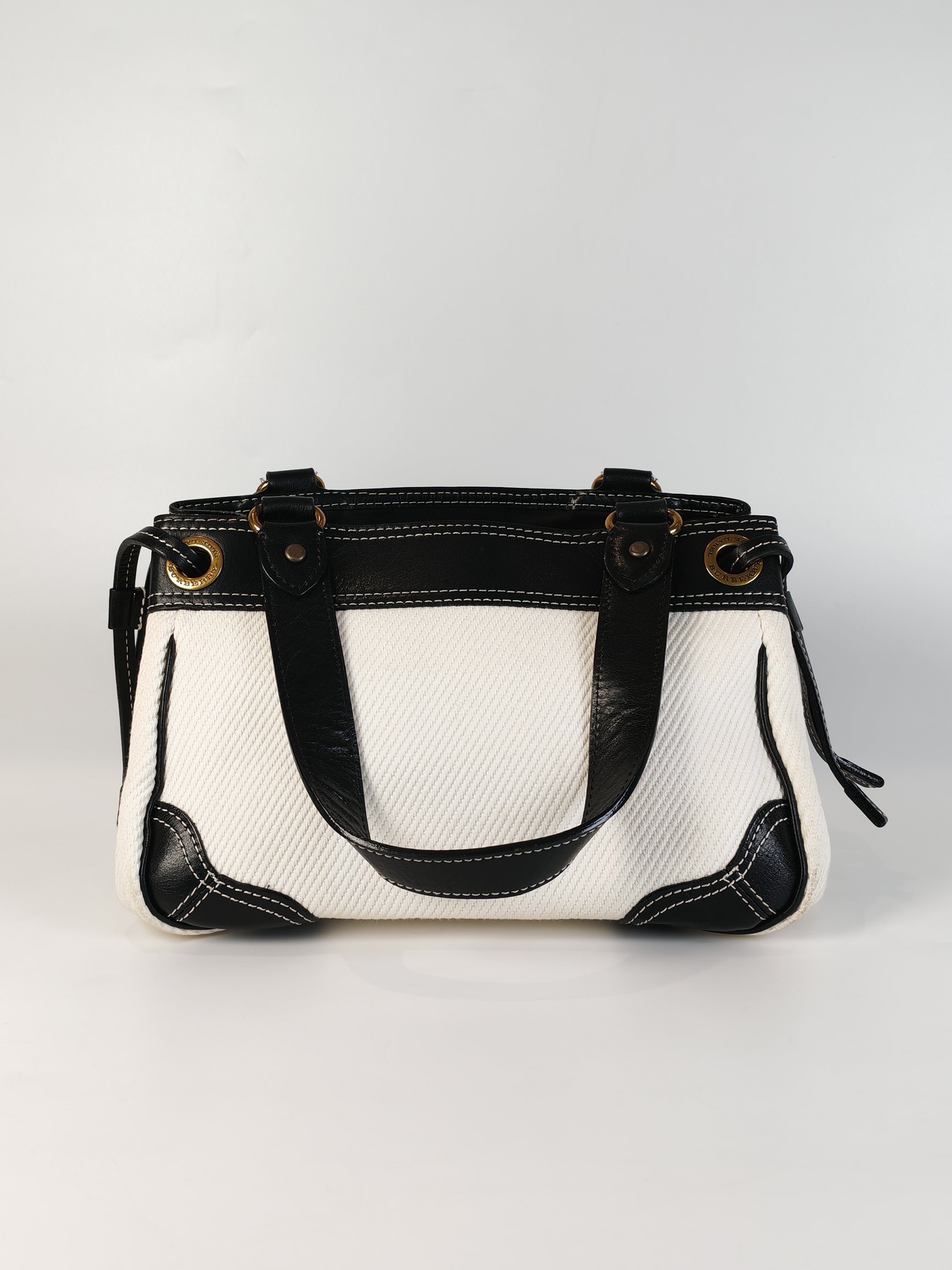 Blue Label Tote Bag in White Canvas with Black Leather Trim | Purse Maison Luxury Bags Shop