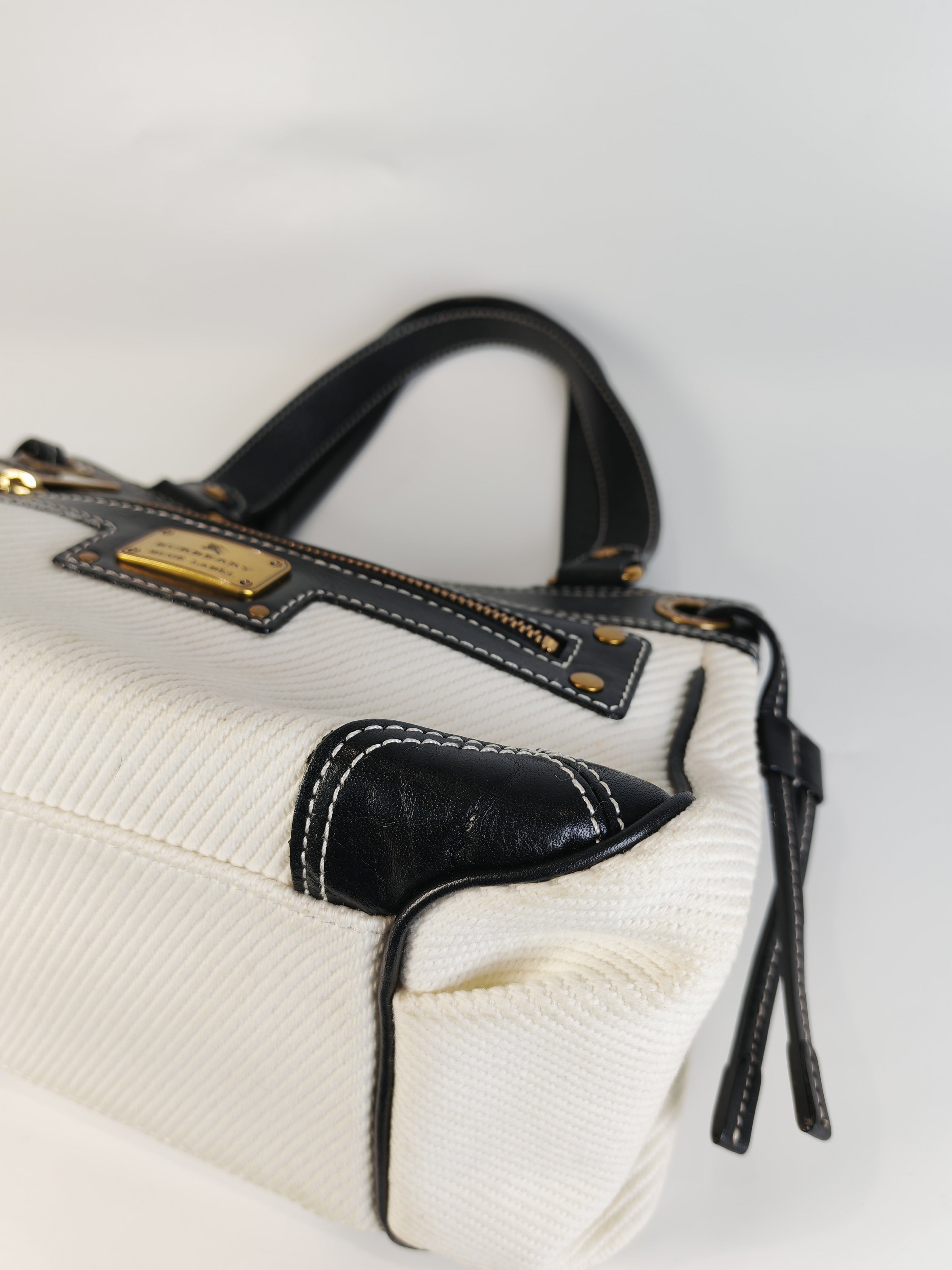 Blue Label Tote Bag in White Canvas with Black Leather Trim | Purse Maison Luxury Bags Shop