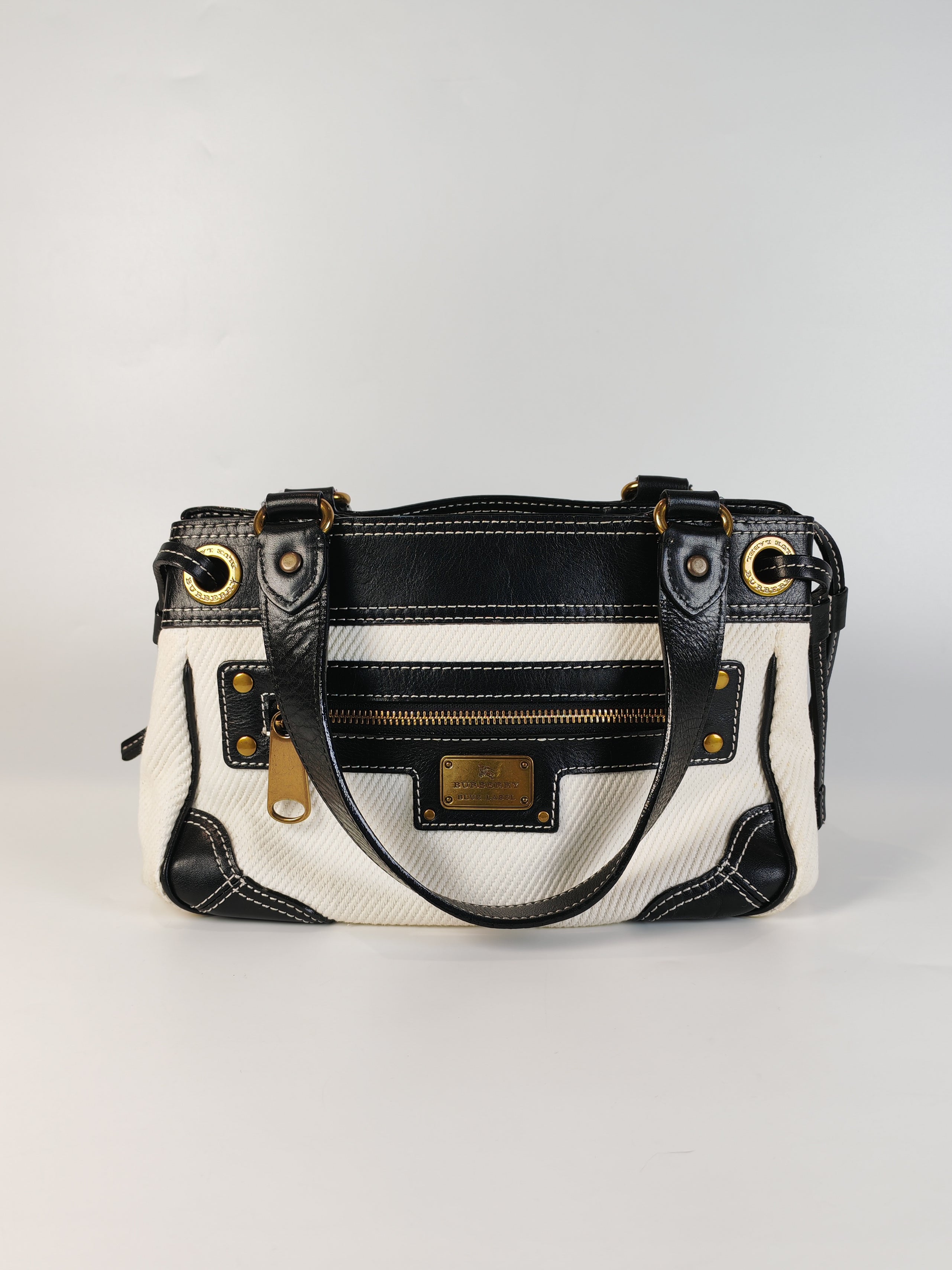 Blue Label Tote Bag in White Canvas with Black Leather Trim | Purse Maison Luxury Bags Shop