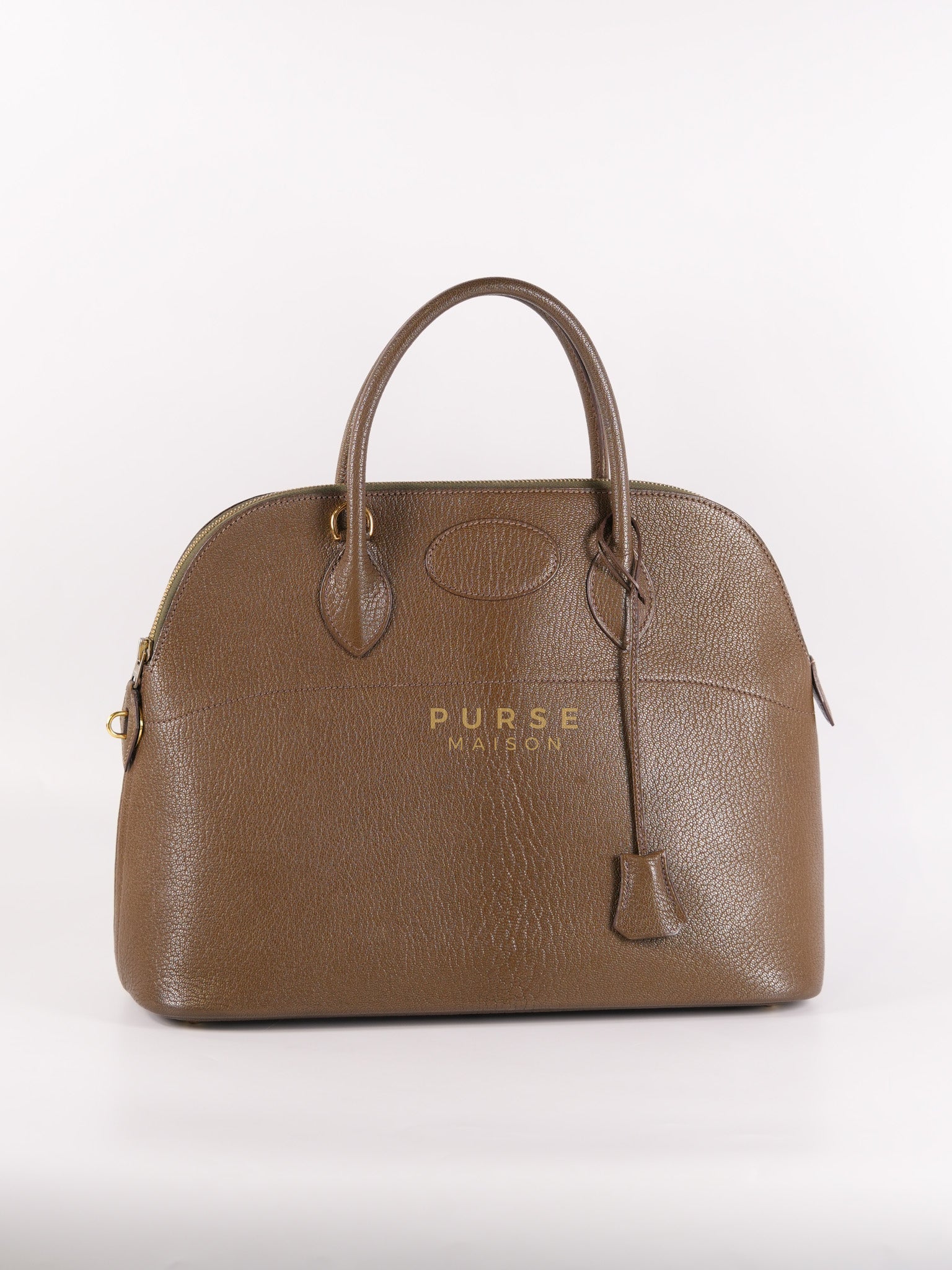 Bolide 35 in Dark Toupe Chèvre Mysore Leather Gold Hardware Stamp F Square(2002) | Purse Maison Luxury Bags Shop