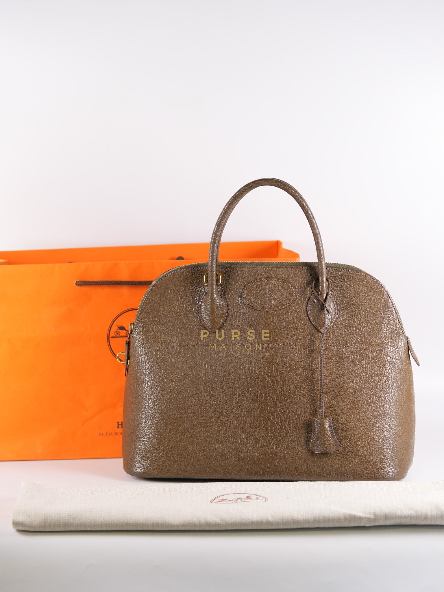 Bolide 35 in Dark Toupe Chèvre Mysore Leather Gold Hardware Stamp F Square(2002) | Purse Maison Luxury Bags Shop