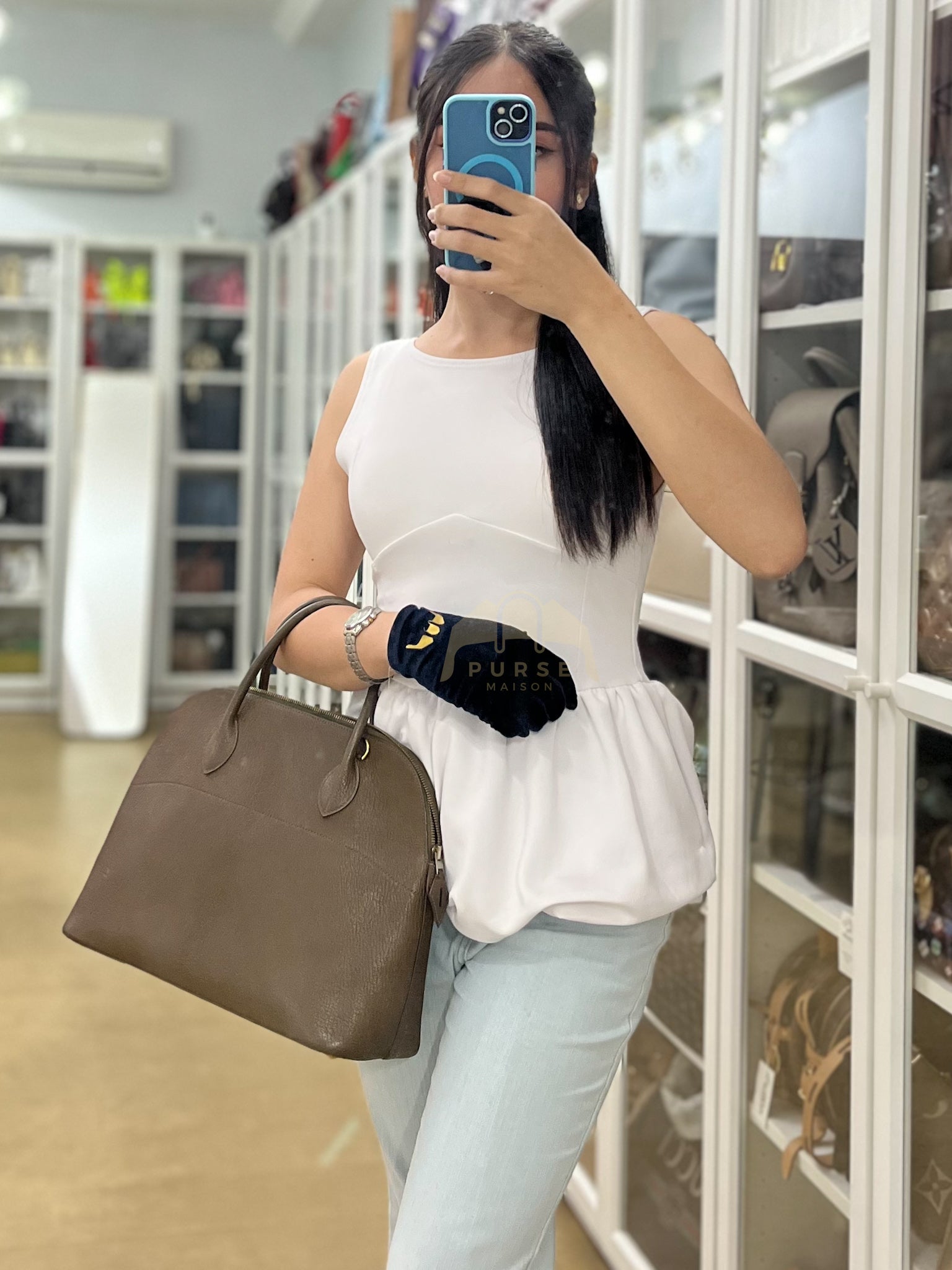 Bolide 35 in Dark Toupe Chèvre Mysore Leather Gold Hardware Stamp F Square(2002) | Purse Maison Luxury Bags Shop