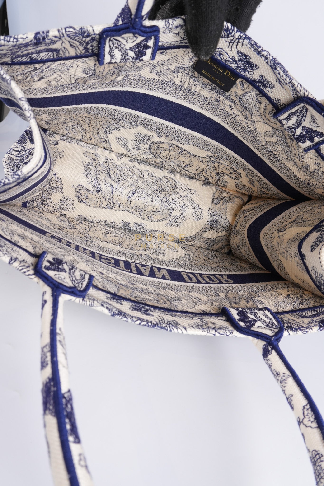 Book Tote Medium in Blue/White Embroidered Canvas | Purse Maison Luxury Bags Shop