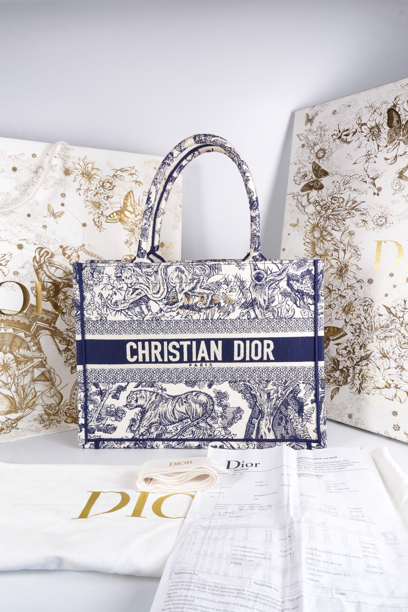 Book Tote Medium in Blue/White Embroidered Canvas | Purse Maison Luxury Bags Shop