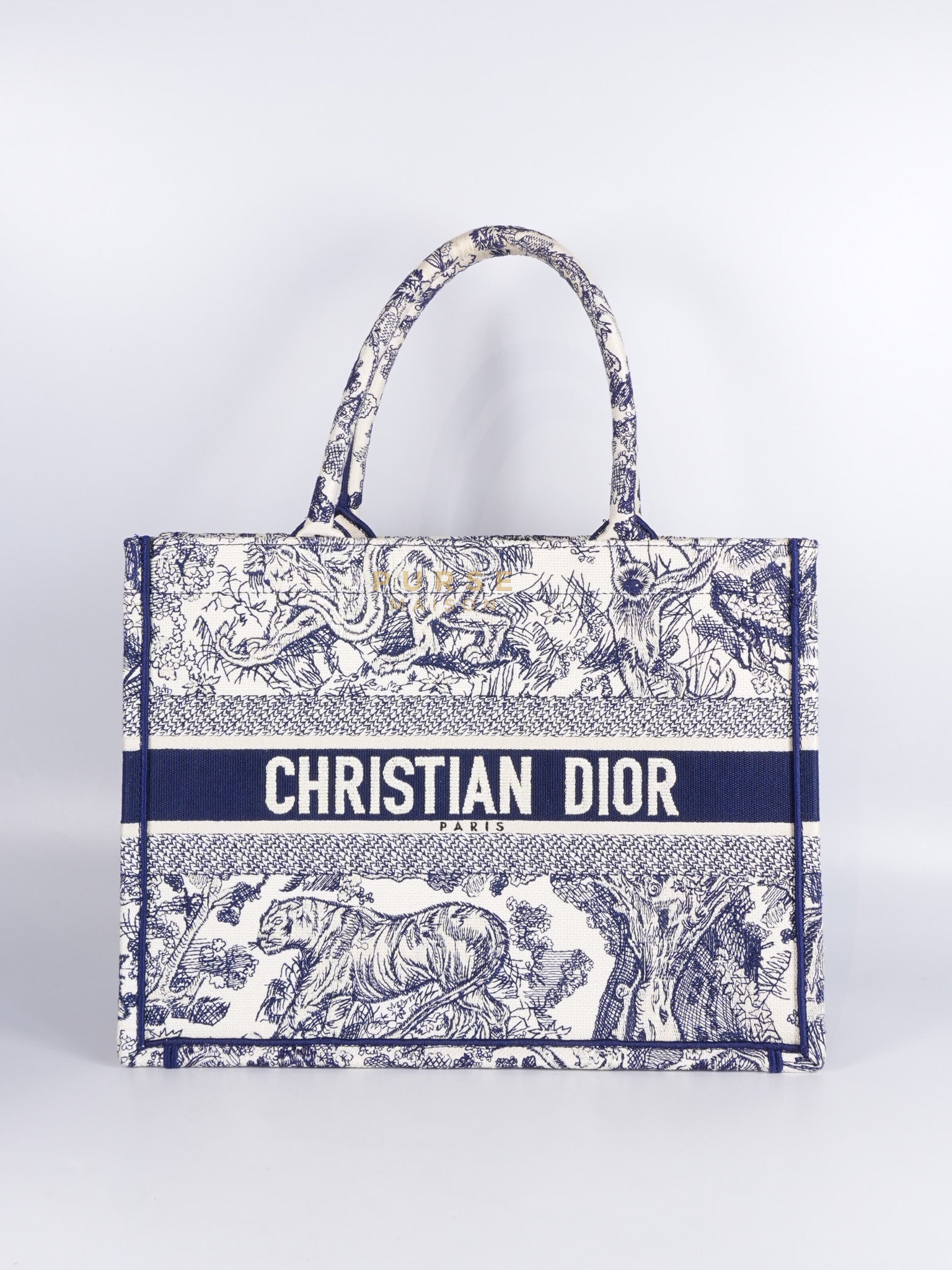 Book Tote Medium in Blue/White Embroidered Canvas | Purse Maison Luxury Bags Shop