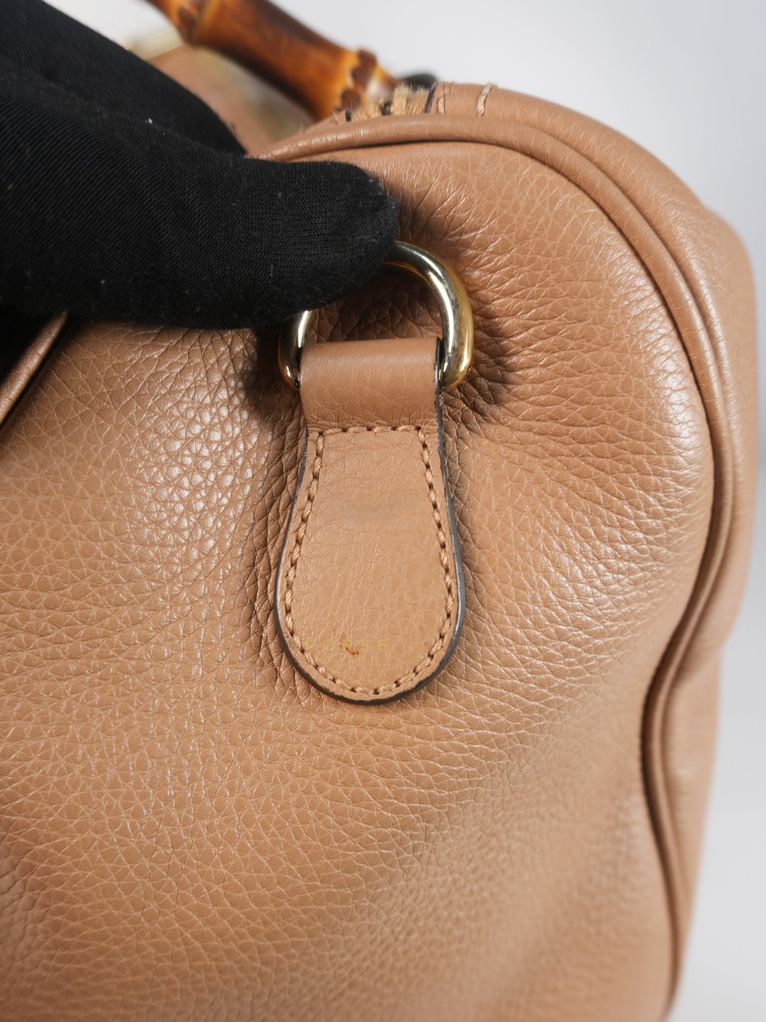 Boston Bamboo Top Handle Medium in Beige Calfskin Leather | Purse Maison Luxury Bags Shop