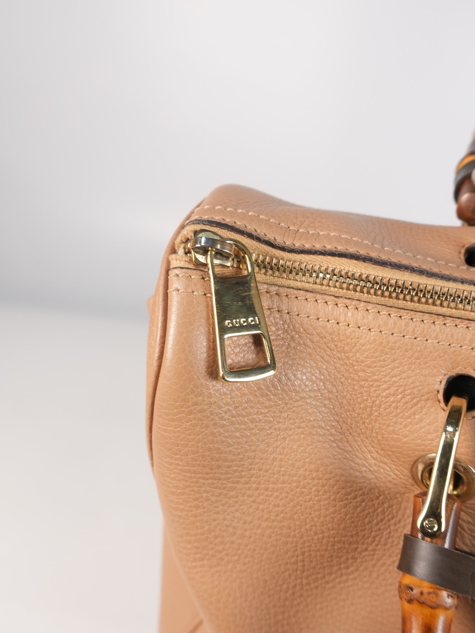 Boston Bamboo Top Handle Medium in Beige Calfskin Leather | Purse Maison Luxury Bags Shop