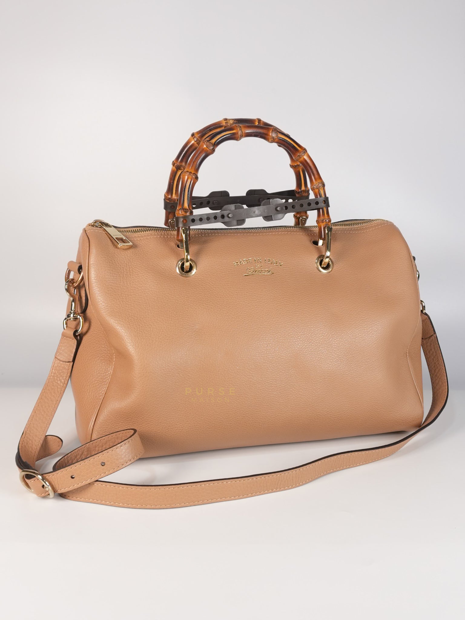 Boston Bamboo Top Handle Medium in Beige Calfskin Leather | Purse Maison Luxury Bags Shop