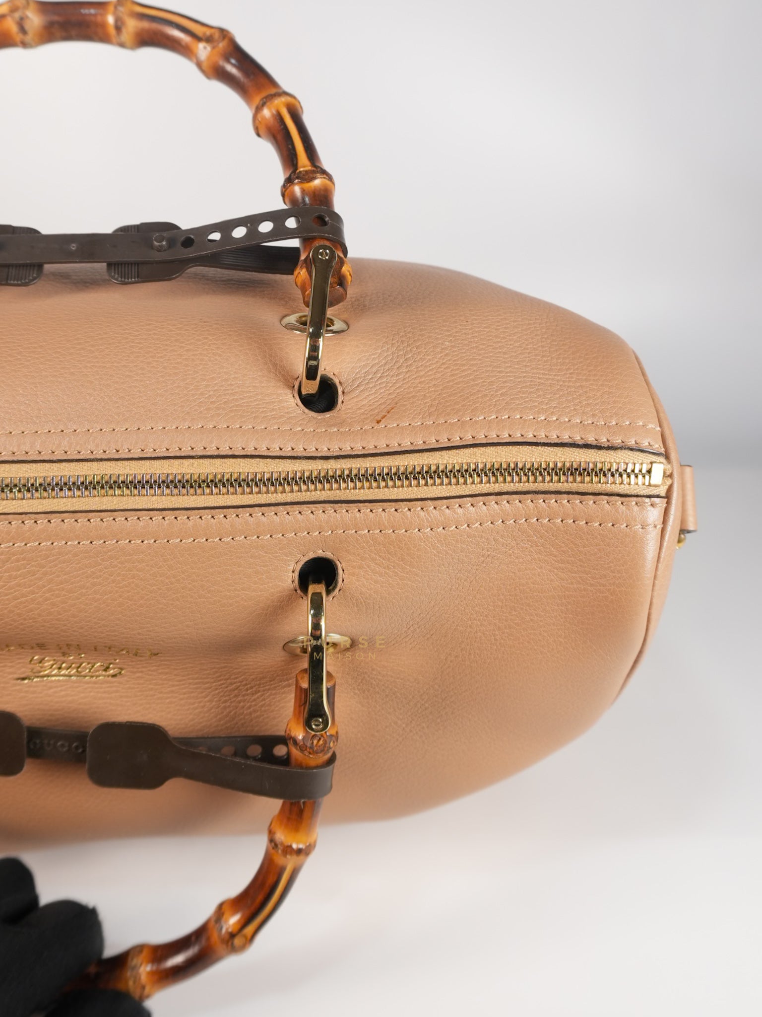 Boston Bamboo Top Handle Medium in Beige Calfskin Leather | Purse Maison Luxury Bags Shop