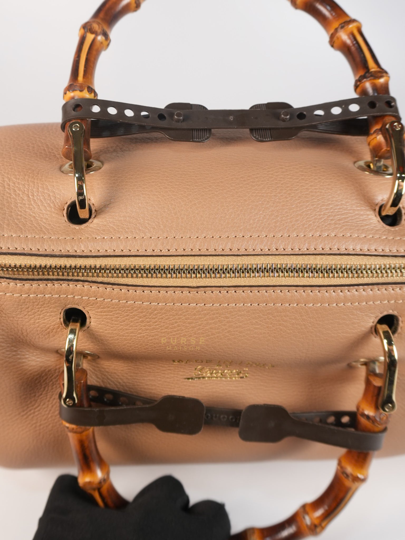 Boston Bamboo Top Handle Medium in Beige Calfskin Leather | Purse Maison Luxury Bags Shop