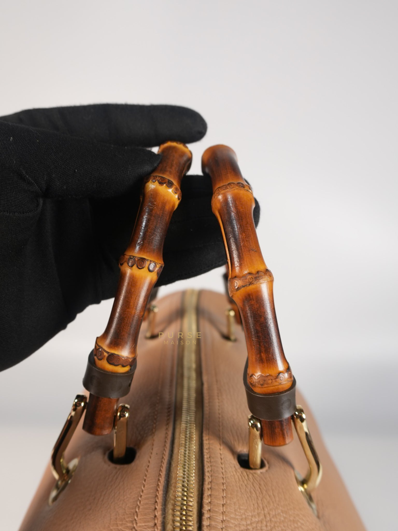 Boston Bamboo Top Handle Medium in Beige Calfskin Leather | Purse Maison Luxury Bags Shop