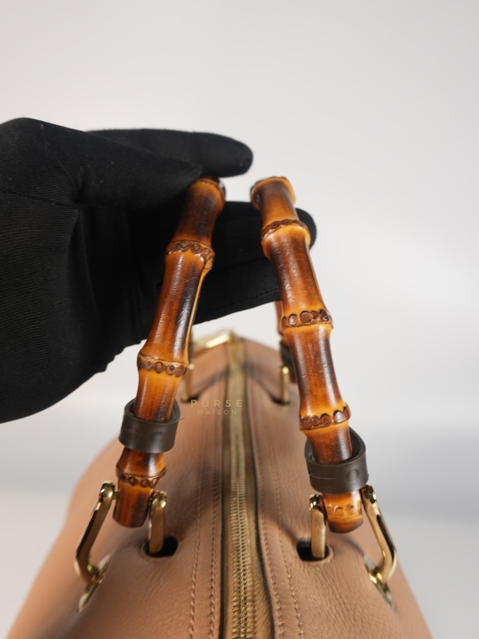 Boston Bamboo Top Handle Medium in Beige Calfskin Leather | Purse Maison Luxury Bags Shop