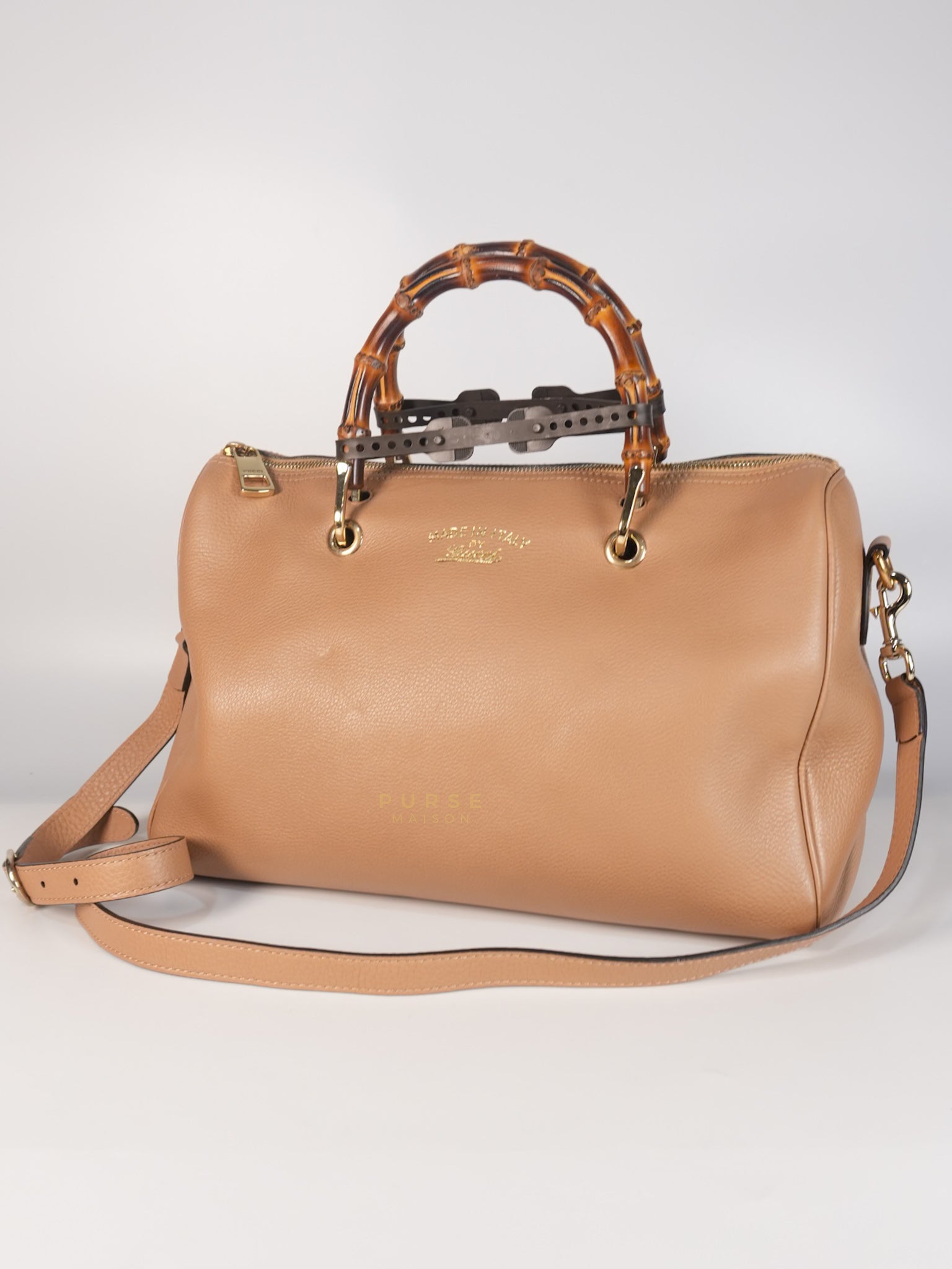 Boston Bamboo Top Handle Medium in Beige Calfskin Leather | Purse Maison Luxury Bags Shop
